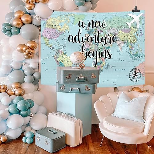 Miniatura 3 de Una nueva aventura comienza viajando niño, decoración de fiesta de baby shower, telón de fondo, mapa del mundo alrededor del mundo, aventura espera