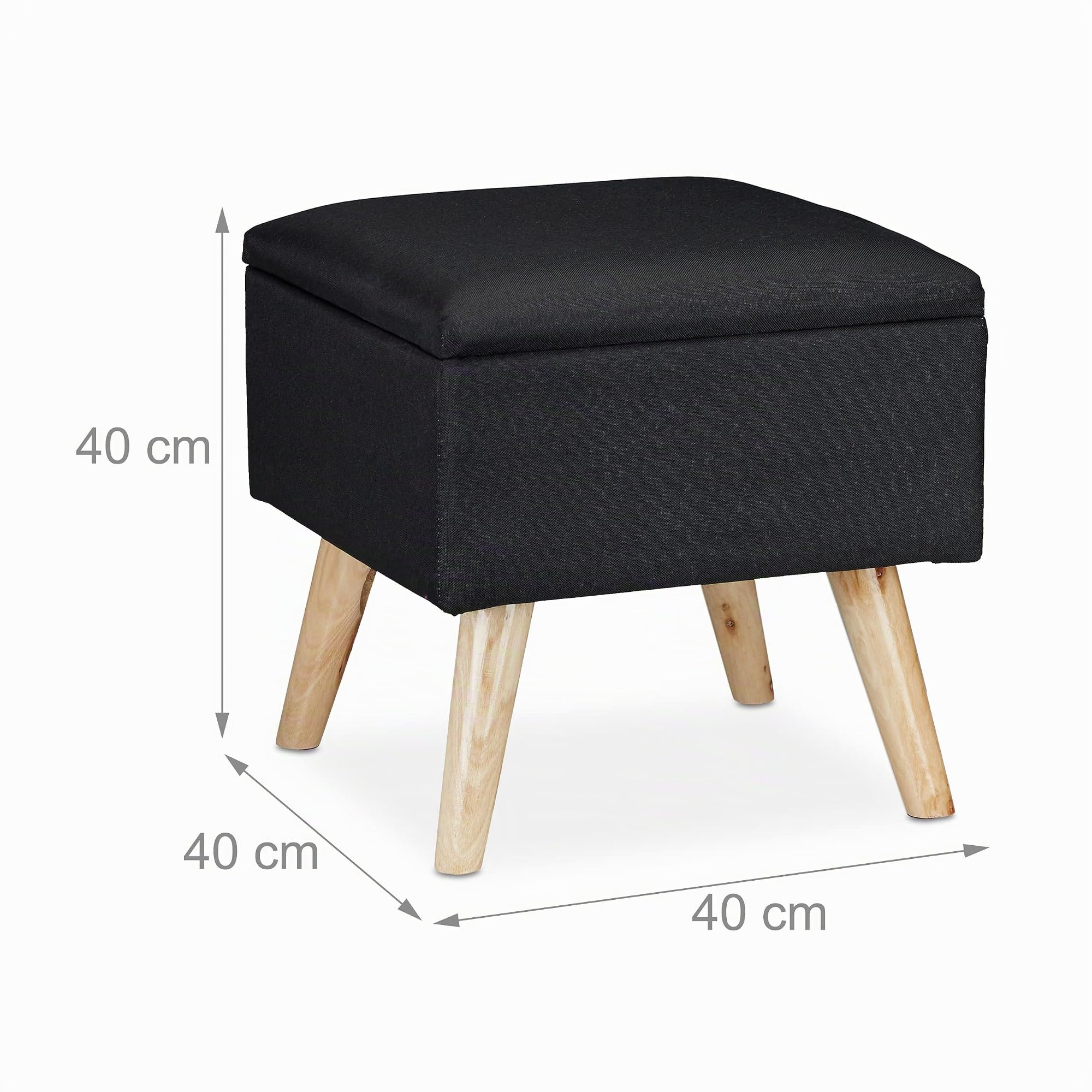Relaxdays Taburete Bajo, Puff Asiento Almacenaje, Baúl Almacenamiento, 1 Ud., Madera-Tela, 40 x 40 x 40 cm, Negro