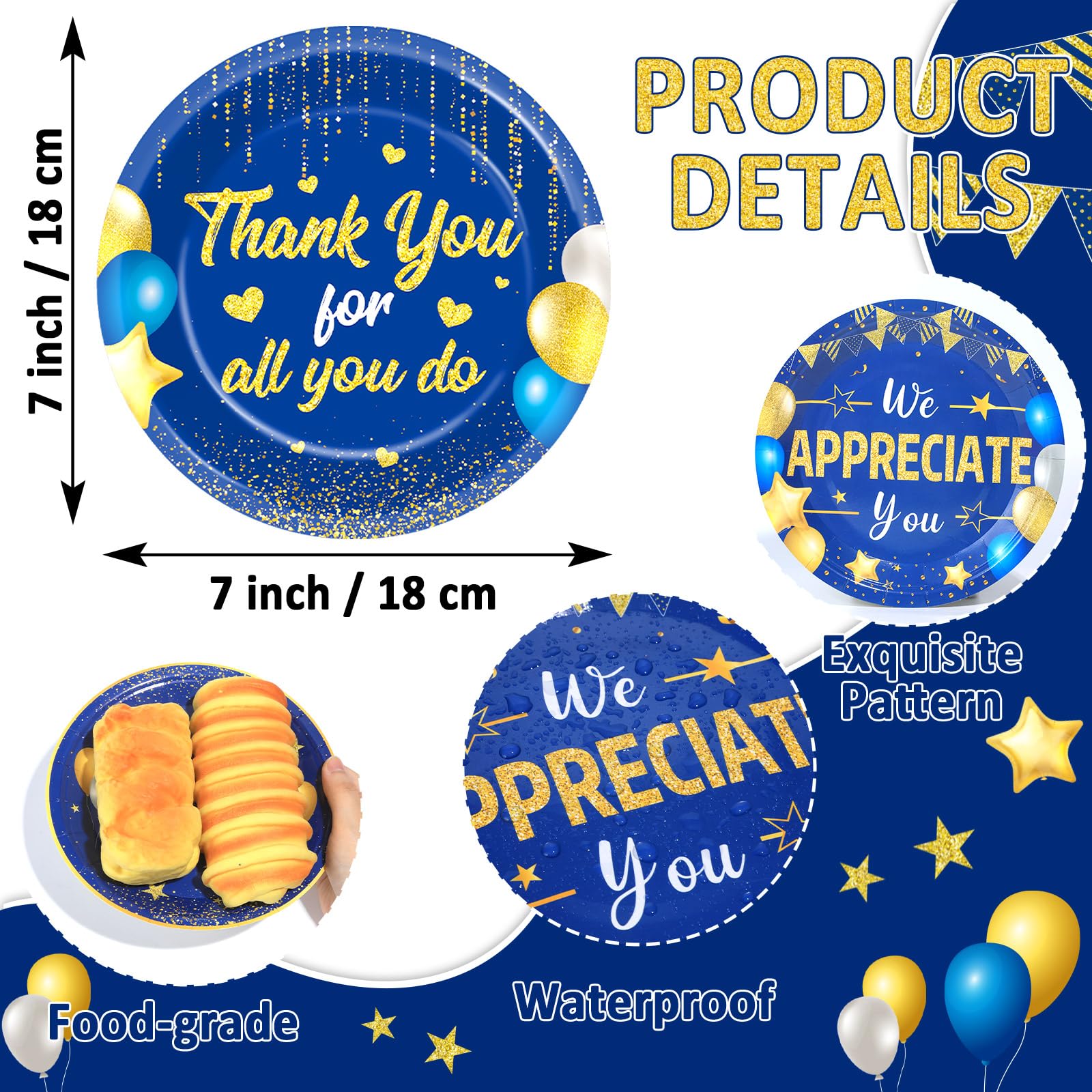 48 platos de papel dorados azules con texto en inglés «We Appreciate You», suministros para fiestas de agradecimiento, vajilla de agradecimiento, platos desechables para profesores, empleados, médicos