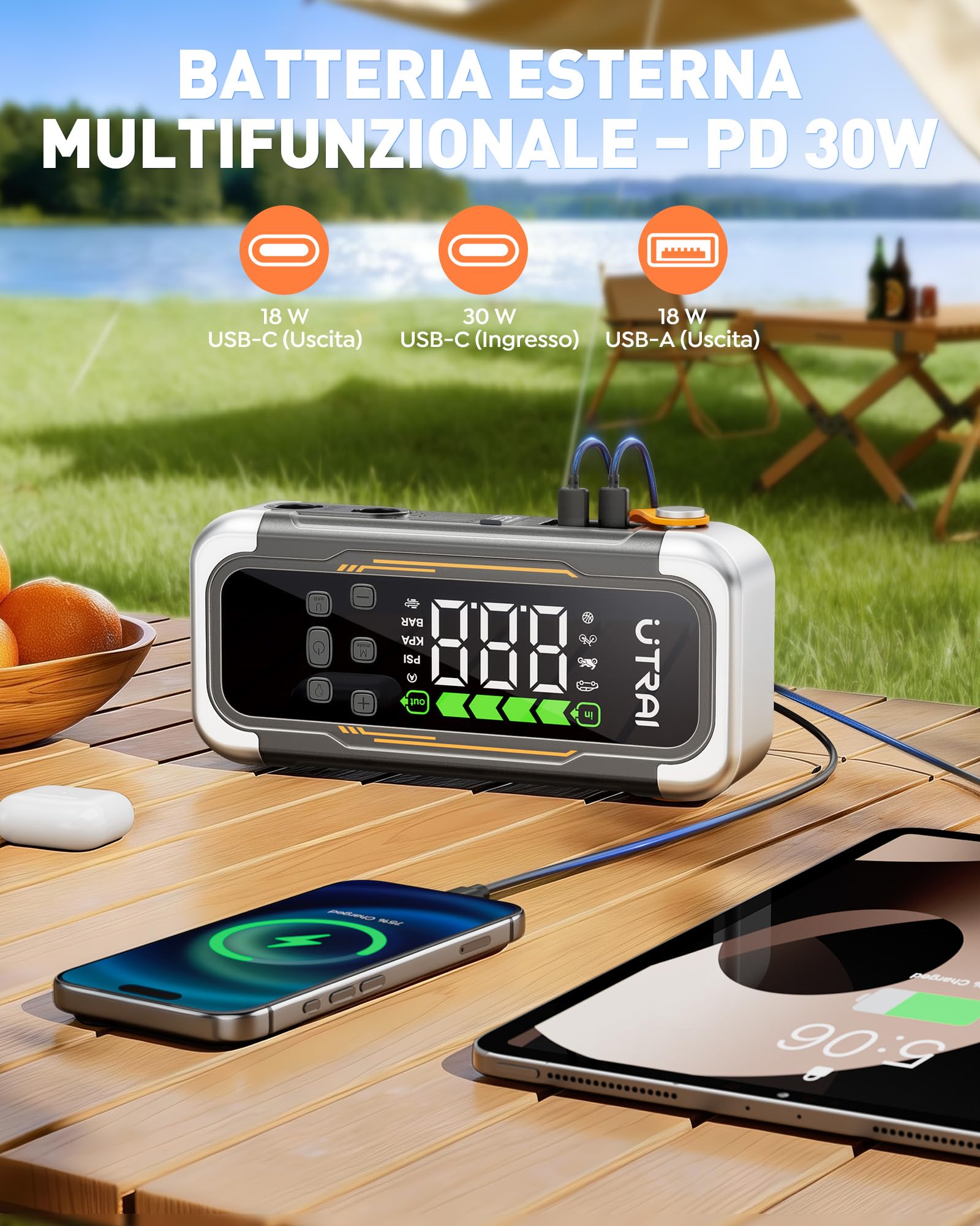 UTRAI 7000A Booster Avviatore Auto con Compressore & Soffiatore d'aria, 12V Avviatore Batteria Auto (Tutto Gas Benzina e 12L Diesel), Gonfiatore Pneumatici, Power Bank PD30W, Torcia LED Batteria Auto