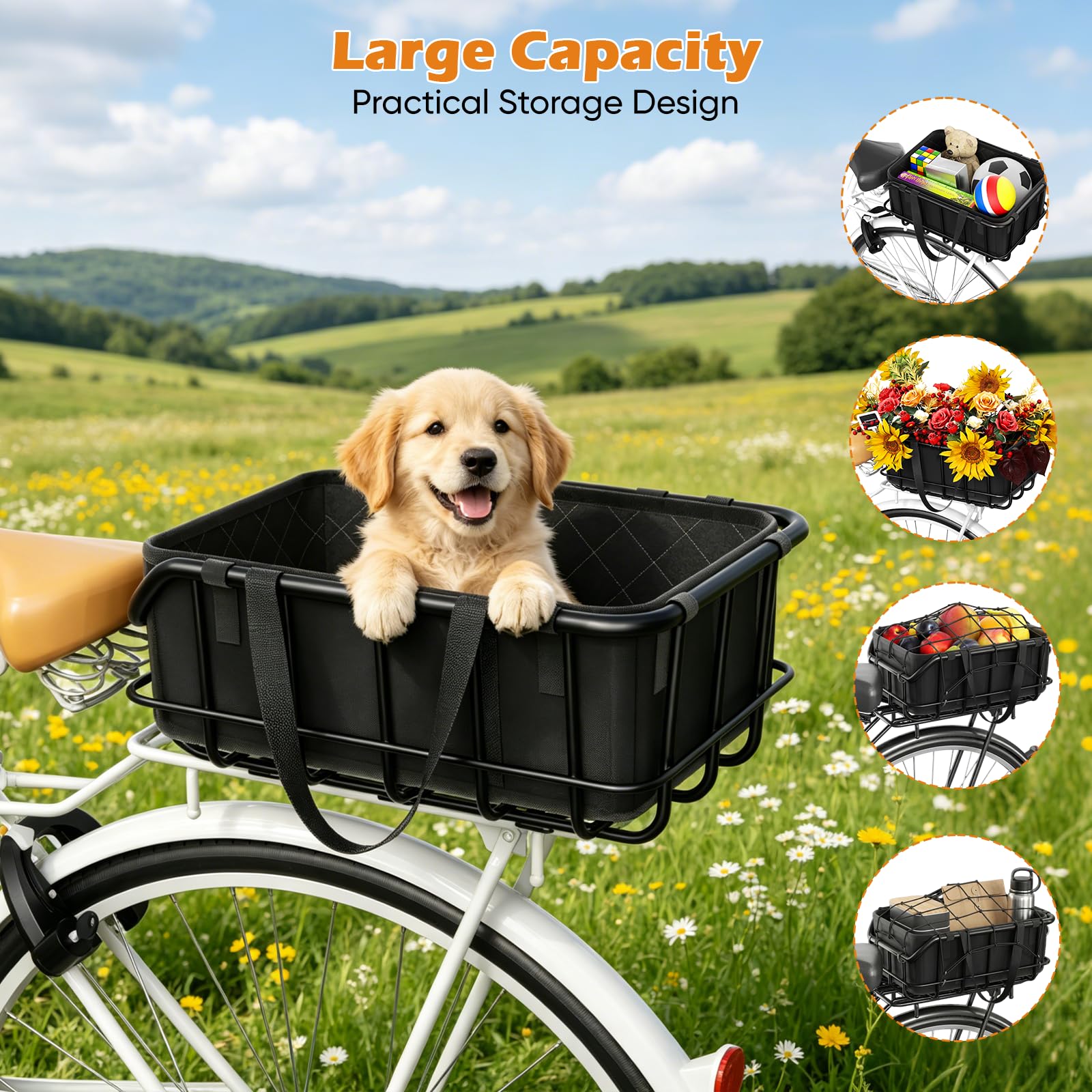Cestino Bicicletta Posteriore,Portapacchi Bici Posteriore 25 kg,Cestino BiciAntiruggine, Universale per Bici ed E-Bike, Include Rete Elastica e Fodera