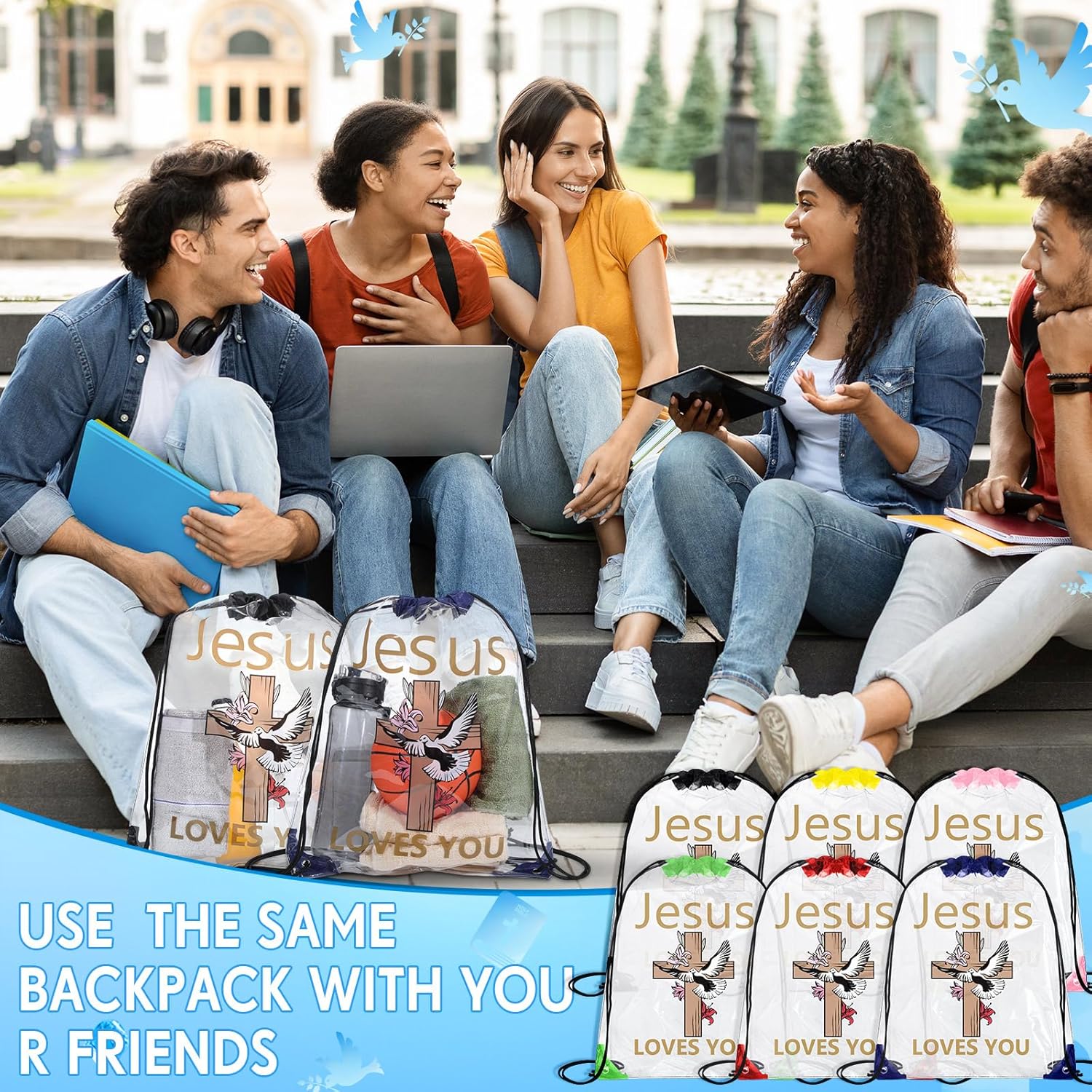 Shinylin 24 Pcs Jesus Loves You Drawstring Backpack Bulk Operation Christmas Christian Bible Gift Bag Bulk Bible Verse Cross Polyester Backpack for Church Christian Party Favors Decoration Supplies