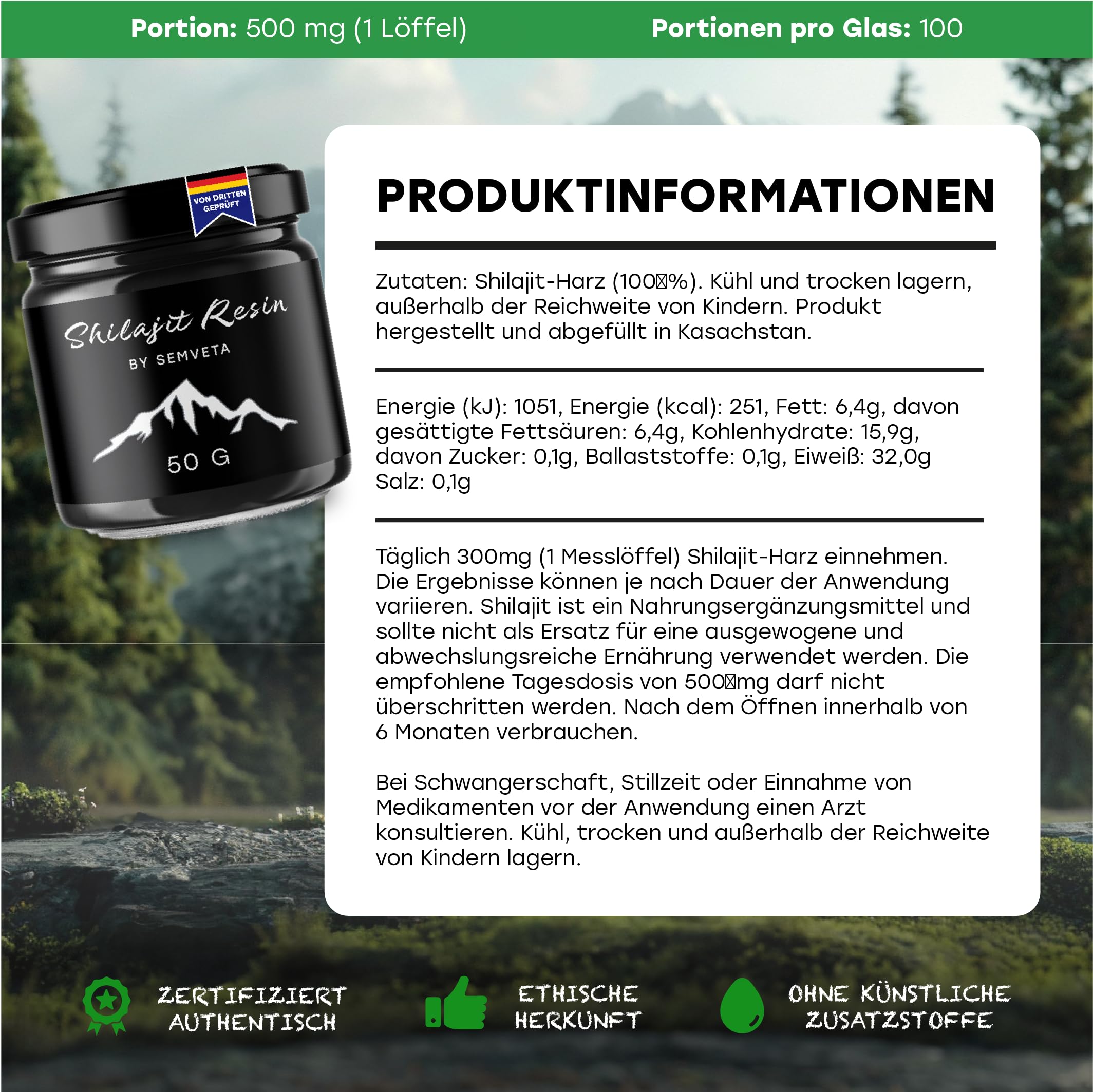 Semveta Original Altai Shilajit - 50g Hochwertiges Harz, 87+ Mineralien, Fulvinsäure - Schwermetallgeprüft & Kaltwassergefiltert - Natürlich - Für Vitalität, Klarheit & Immunsystem - 4 Monate Vorrat