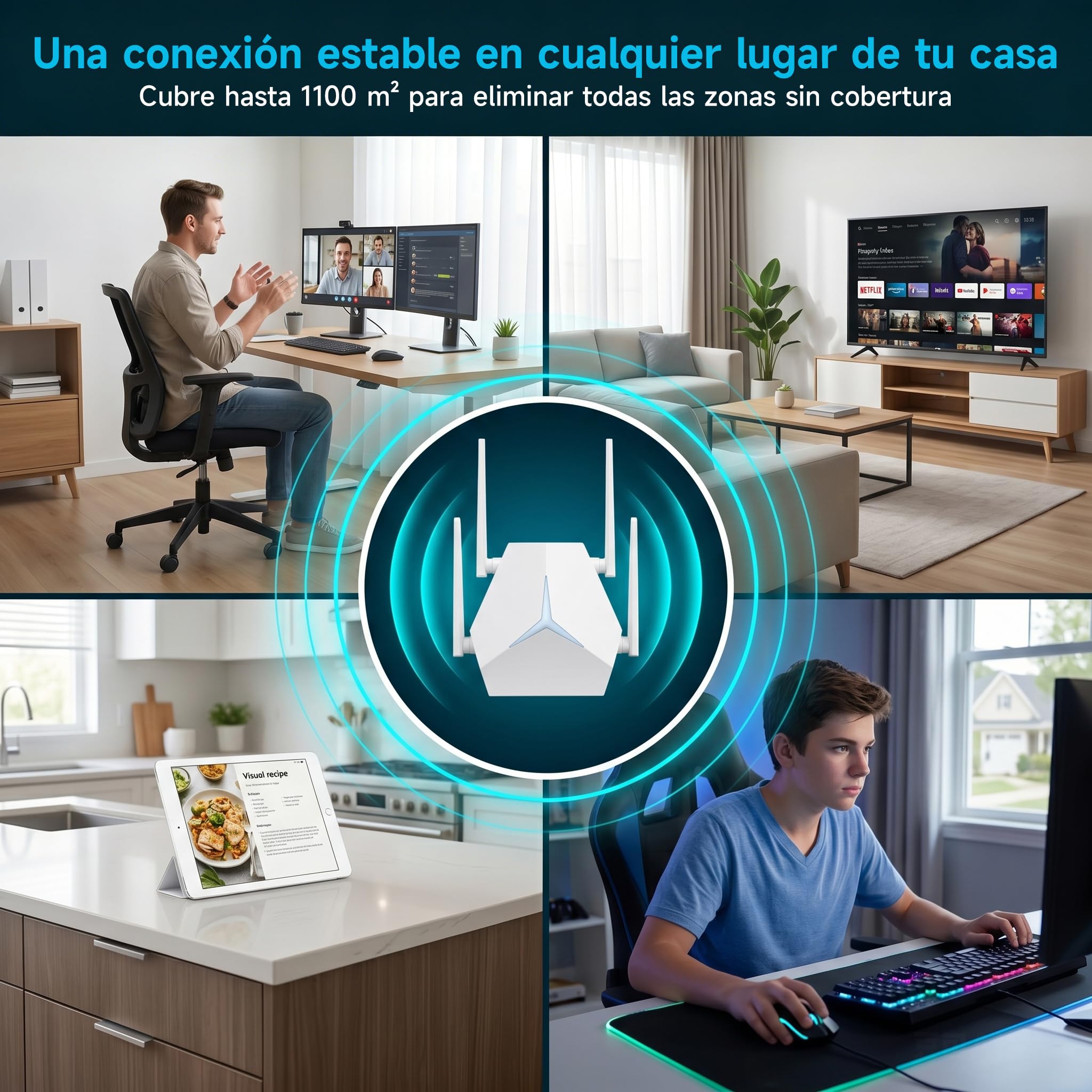 Repetidor WiFi Largo Alcance 1167Mbps, Extensor Señal Doble Banda 2.4G+5G para Casas Grandes Oficinas, Elimina Zonas Muertas