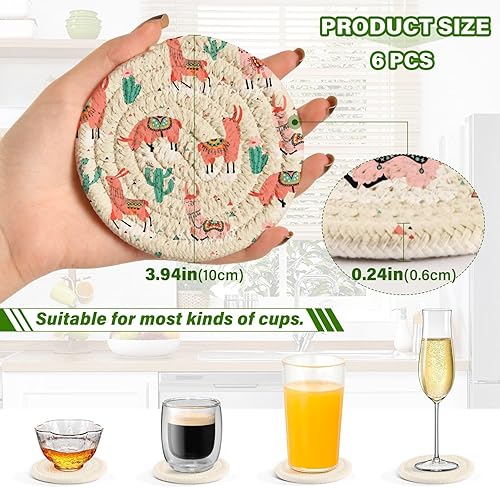 Miniatura 3 de Llama Cloud Flowers Cacti Coasters for Drinks Set of 6 Absorbent Drink Coasters Woven for Desk Coffee Bar Accessories Home Decor