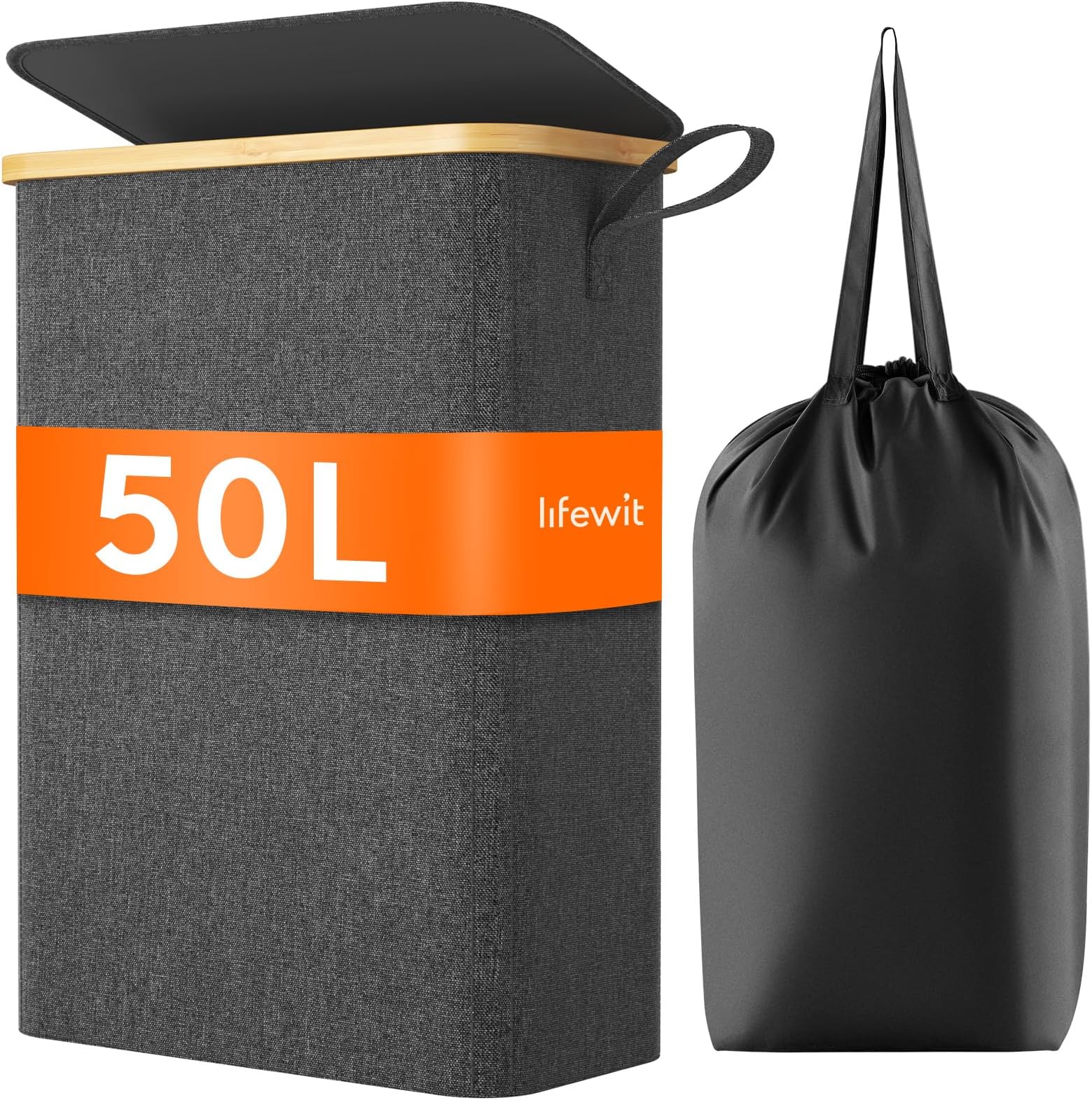Lifewit50L Slim Laundry Hamper with Lid, Narrow Laundry Basket with Removable Bag & Bamboo Handles, Fodable Thin Dirty Clothes Hamper for Laundry Collapsible Bin for Bathroom Bedroom Dorm, Dark Grey