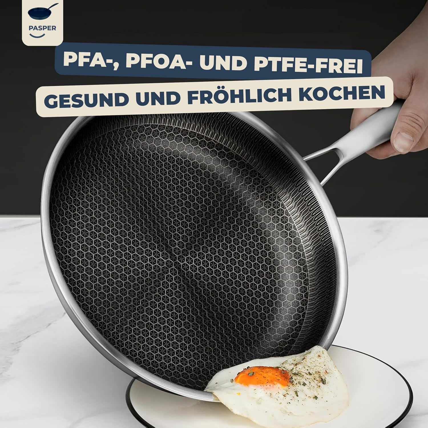 Pasper Padella wok Ø 28 cm – senza PFAS – induzione, elettrica, ceramica, gas e forno – padella in acciaio inox con rivestimento antiaderente a nido d'ape antigraffio – lavabile in lavastoviglie