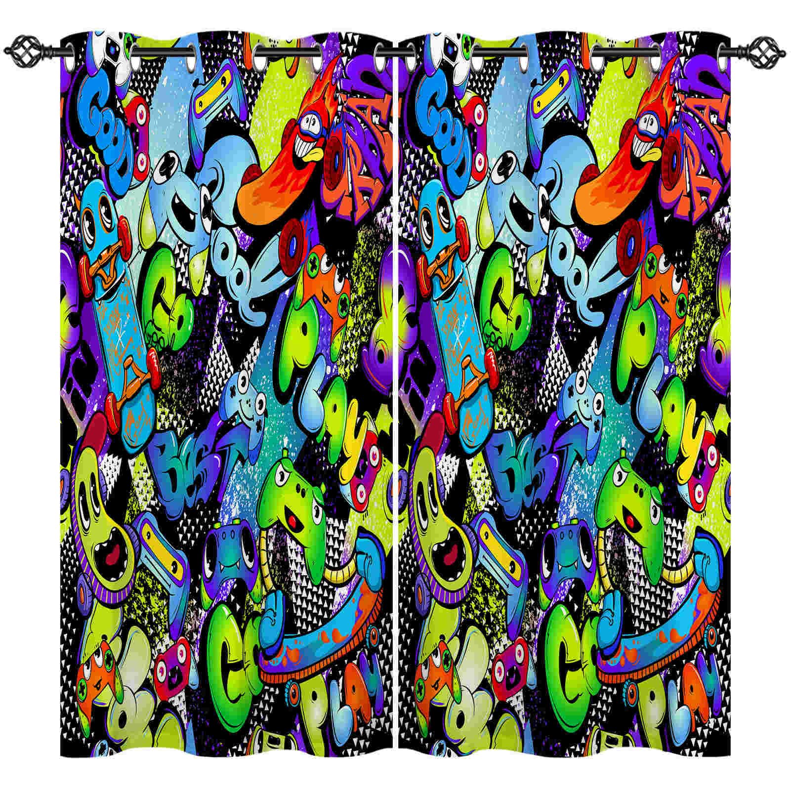 ANHOPE Abstract Curtains Eyelet Ring Top Soft Thermal Insulated Blackout Curtains Graffiti Gamepad Skateboard Print Pattern Decorative Window Drapes for Bedroom Living Room 52 x 63 Inch 2 Panels โ image 1