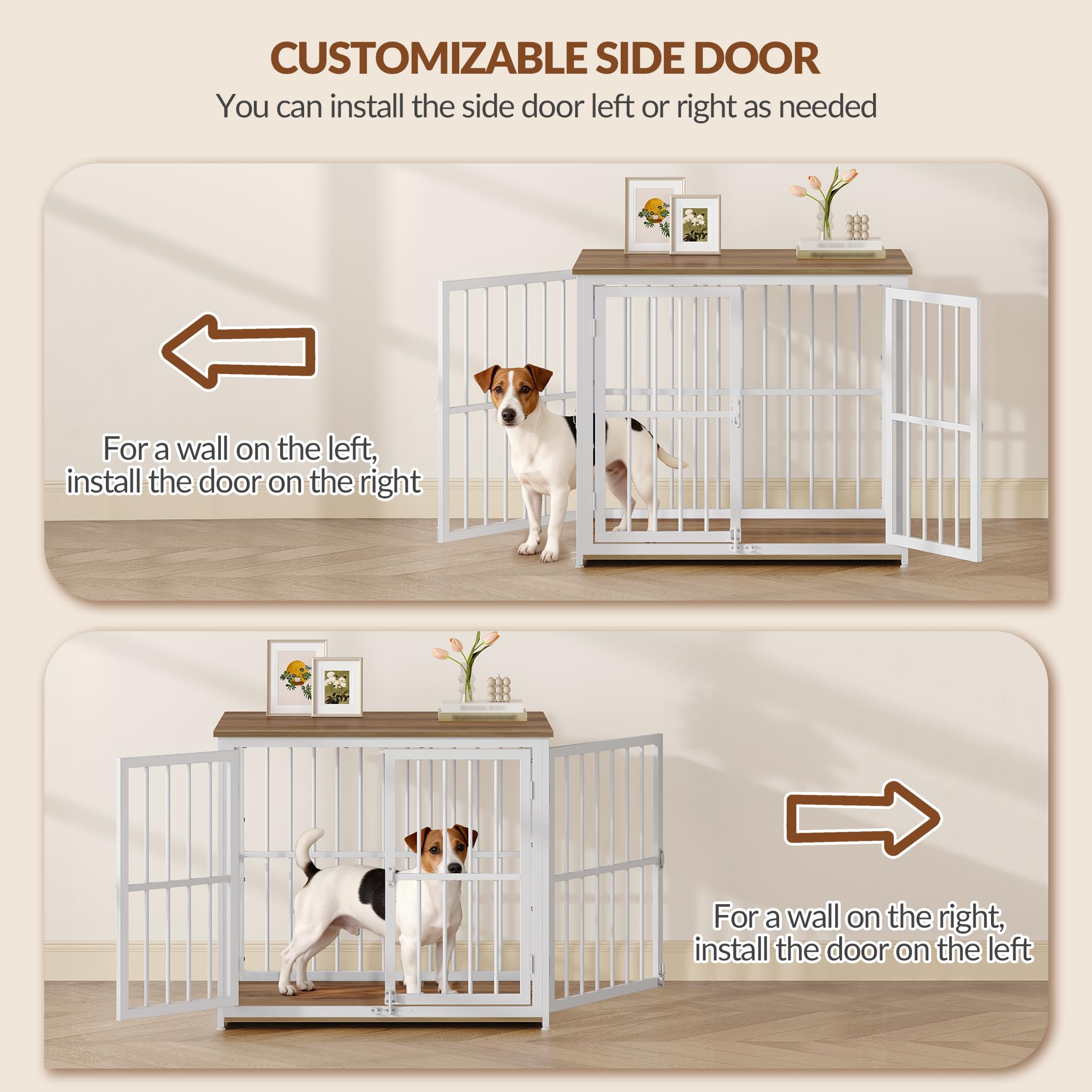 Hundekäfig Möbel, 80cm Hundebox für Zuhause mit 3 Türen, Hundebox Holz Indoor, Beistelltisch, Hundekäfig Hochbelastbar, für Kleine und Mittelgroße Hunde, 80x60x70cm, Vintagebraun & Weiß