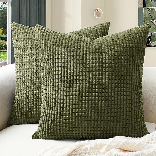 Softalker Throw Pillow Covers 20x20 Inch, Set of 2, Soft Corduroy Boho Stripe Decorative Pillow Cover, Couch Fluffy Pillow Cover for Farmhouse Home Decor Bed Living Room, Olive Green - Yml Olive Green - 20" x 20" (Pack of 2)
