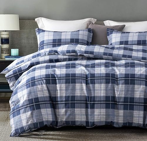 SLEEPBELLA Juego de edredón tamaño individual, 600 hilos de algodón azul marino y gris, patrón de cuadros azul, juego de ropa de cama de plumón