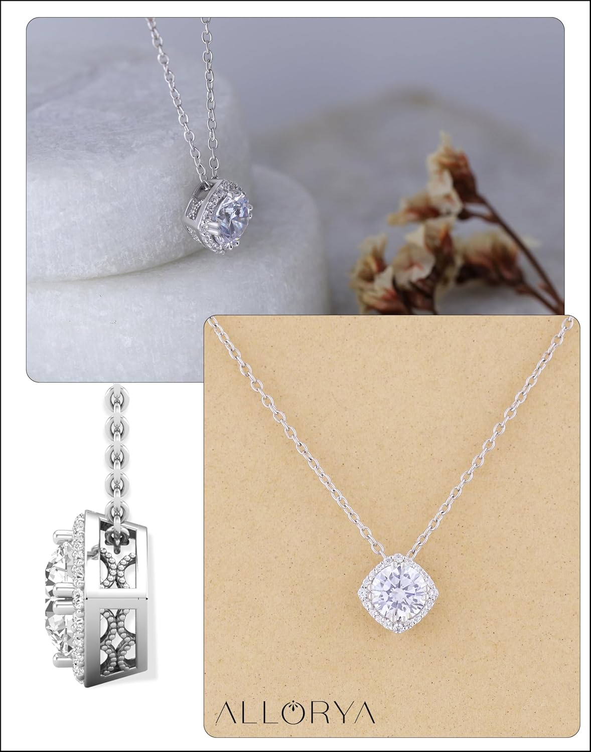 1.00 Carat Center Round Lab Grown White Diamond or Cubic Zirconia Cushion Frame Halo Pendant with 18 inch Silver Chain for Women in 925 Sterling Silver