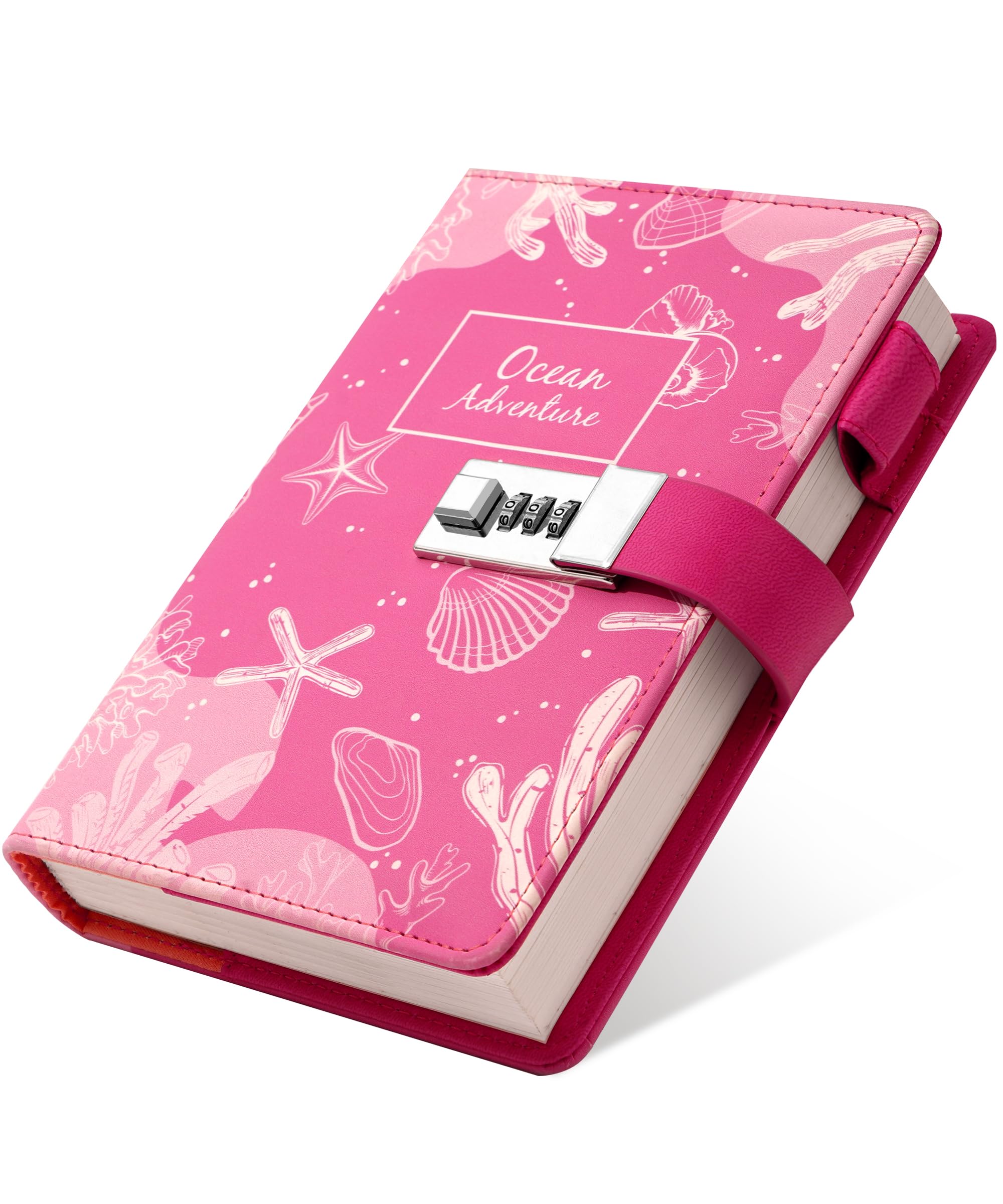 CAGIE Locked Journal Refillable Diary with Lock for Girls with 224 Pages Locking Diary, Ocean Theme Lock Diary for Women Girls,5.3 x 7.9 inch Pink