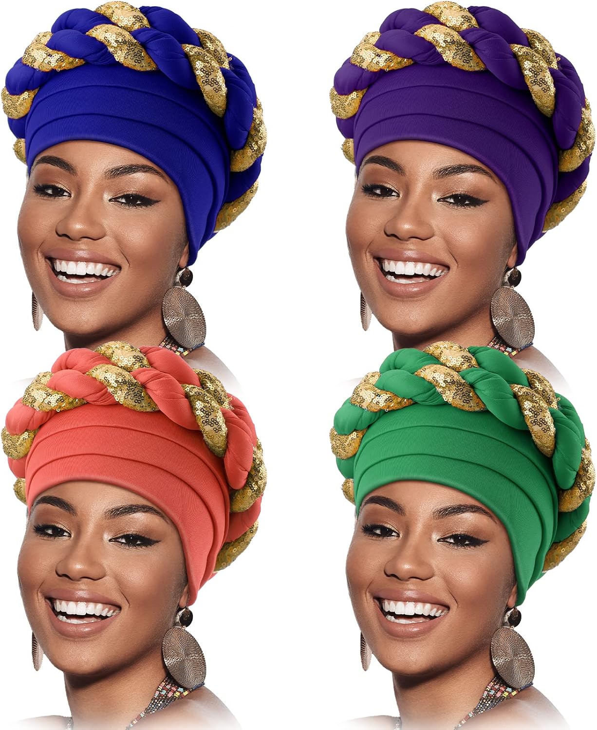 4 Pcs African Turban Head Wrap for Black Women Braid Beanie Stretchy Elastic Turban Hair Wrap