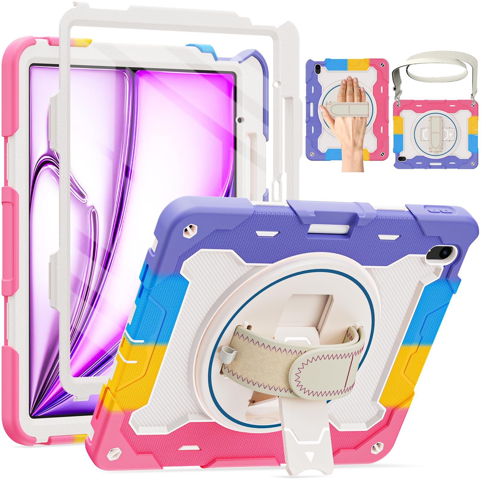 ROSROME for iPad Air 13 Inch Case M4 / M3 / M2 (2026/2025 / 2024), Heavy Duty Shockproof Protective Case with Screen Protector, 360° Rotating Stand,