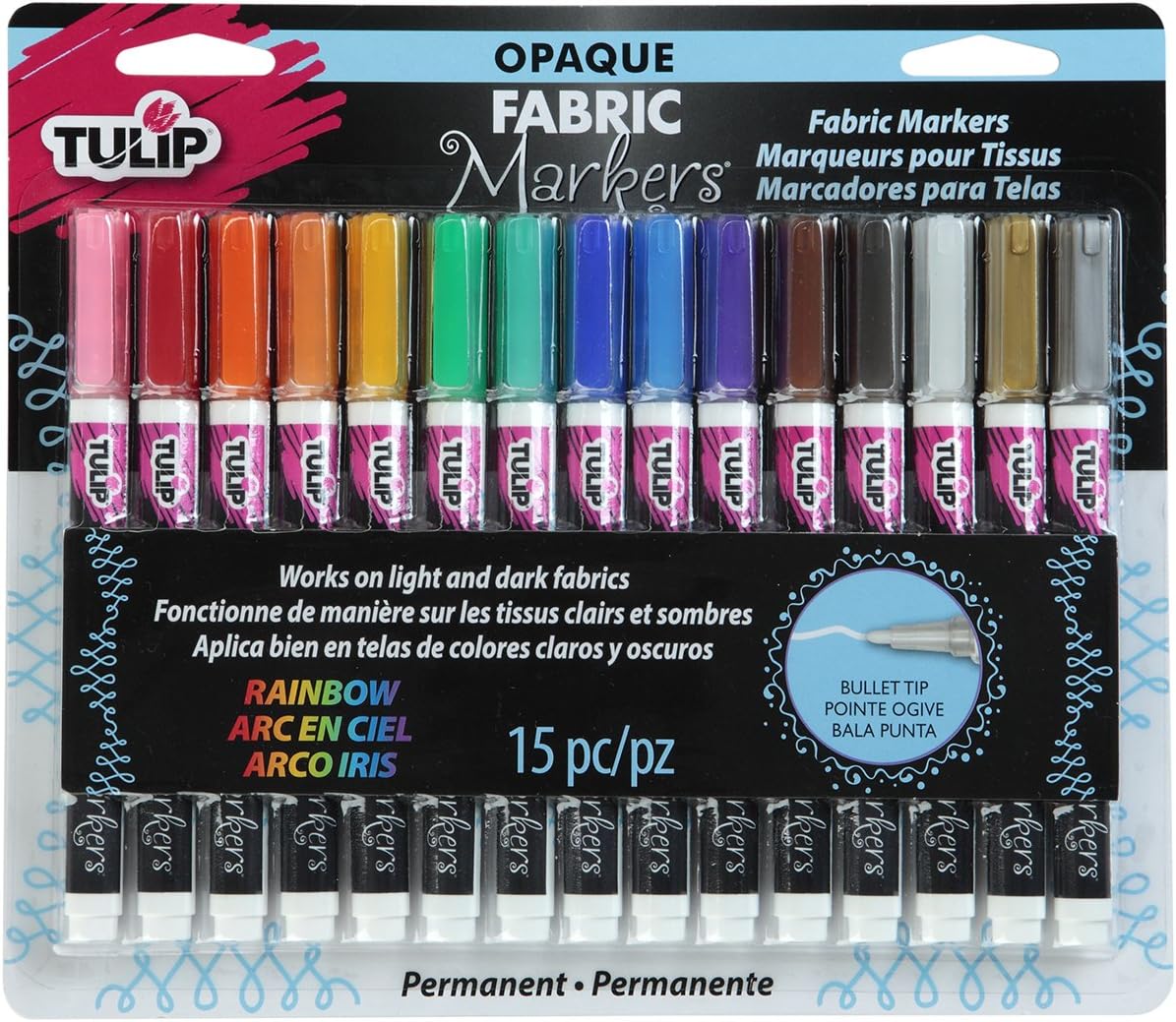 TULIP-33701 Fabric Paint Markers Rainbow 15 Pack, for Permanent Color on Fabric, Wood, Rocks