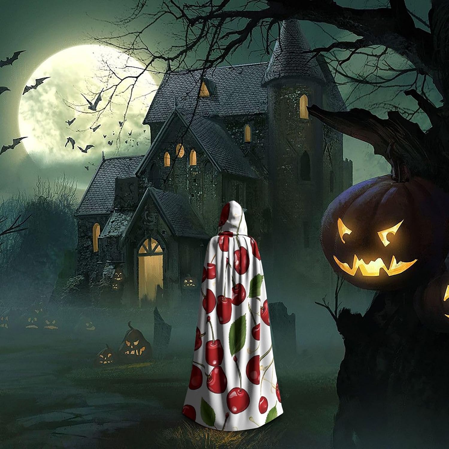 Red Cherries Full Length Hooded Cape Cloak Halloween Cosplay Costume Robe for Adults