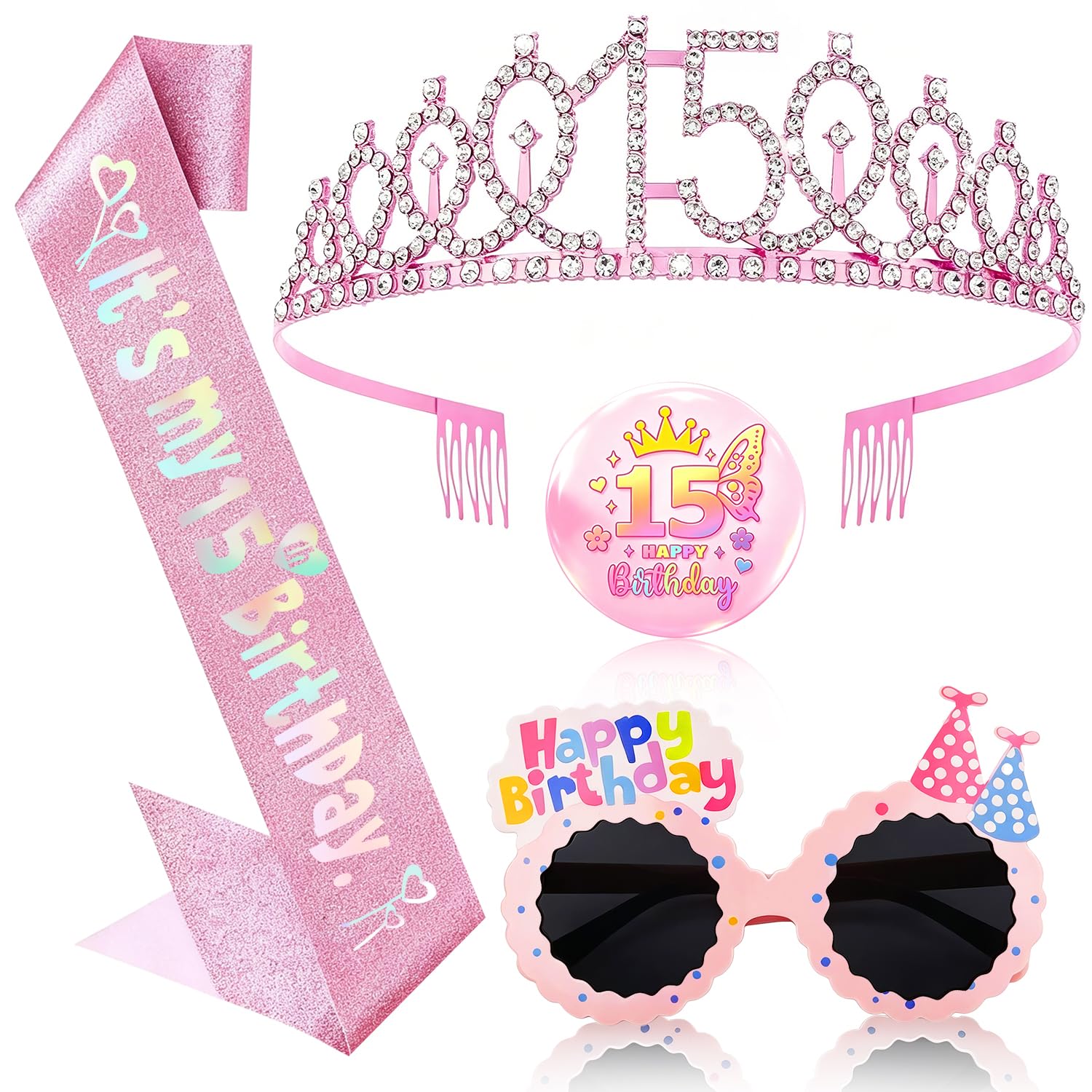 OLOSONG 15th Birthday Party Accessories Set - 4 Pcs Glitter Sash and Crown Kit with & Badge, Happy Birthday Sunglasses, 15th Birthday Decorations Gifts