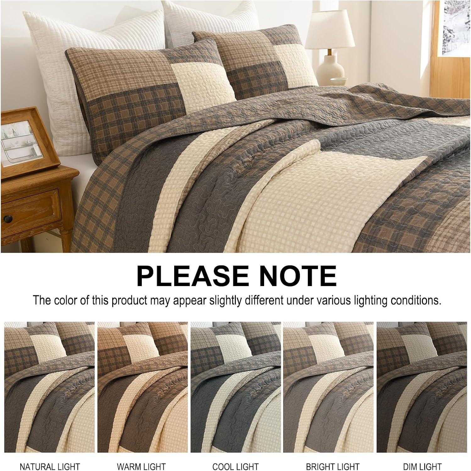 100% Cotton King Quilt Set, King Bedspreads with Pillow Shams, Farmhouse Patchwork Plaid, Lightweight Soft Quilted Comforter Bedding Set, 3 Piece, Brown/Beige/Gray