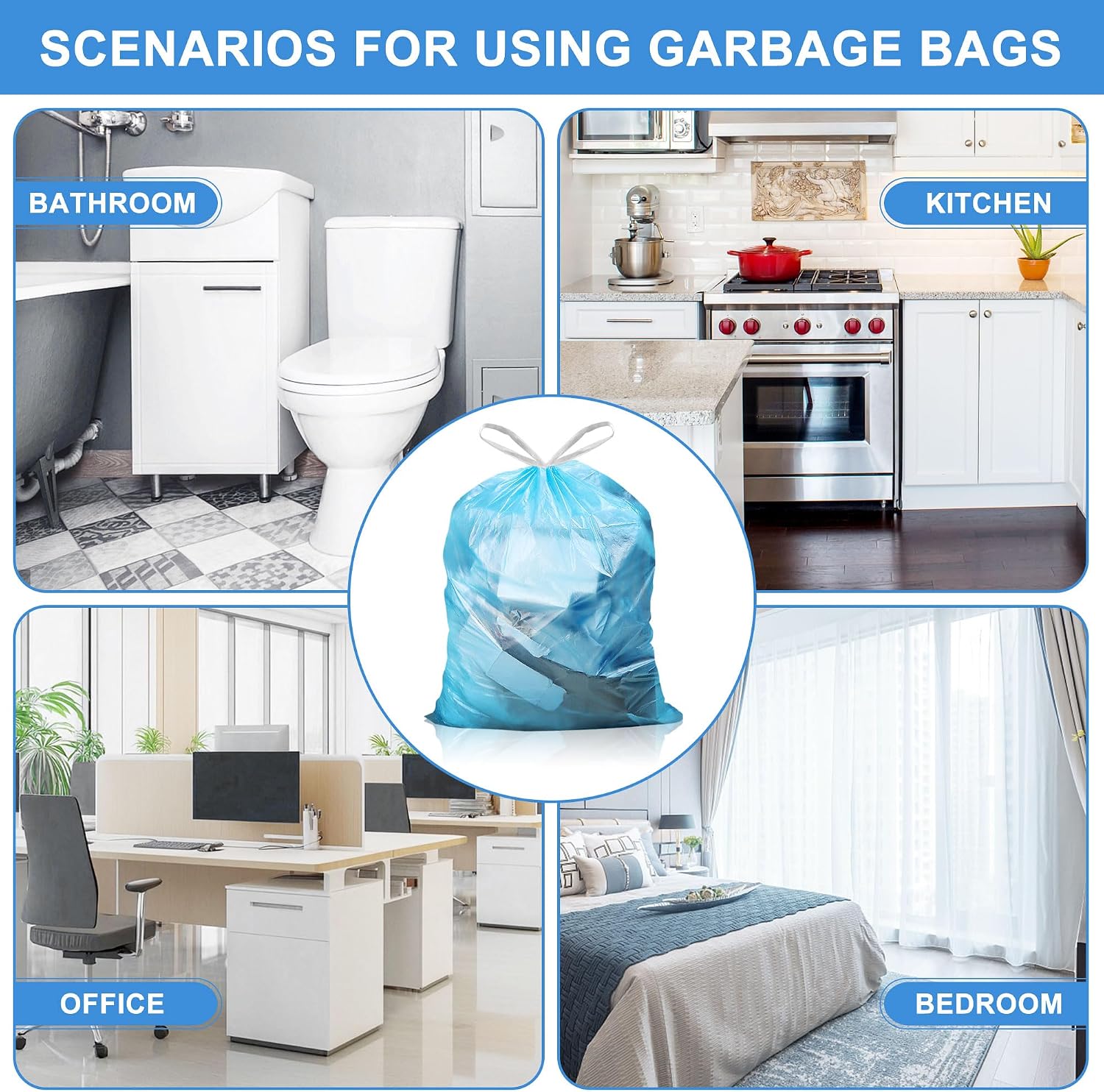 4 Gallon Trash Bags Drawstring 100 Count, JUKFITA Strong Small Garbage Bags, Unscented Trash Can Liners for Bathroom Restroom Office Kitchen, Blue