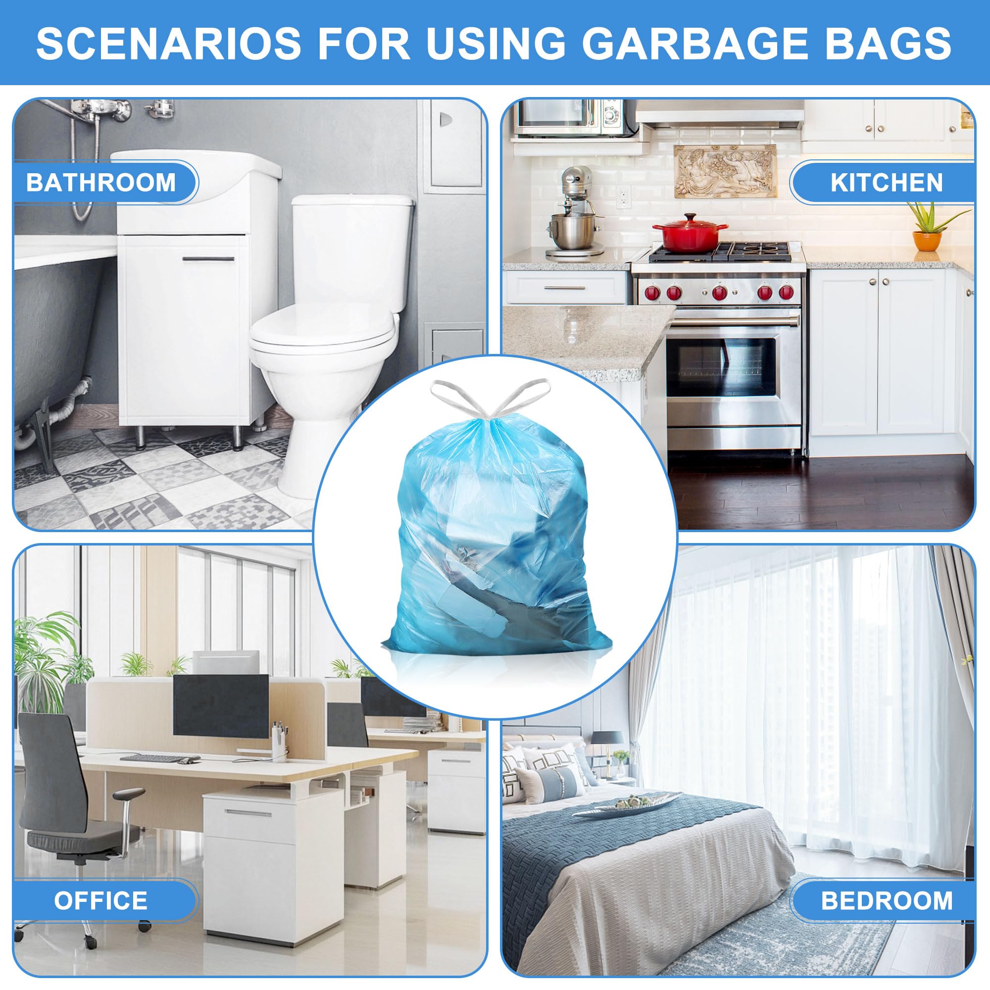 Bolsas de basura biodegradables de 4 galones, bolsa de basura con cordón, fácil de separar, reciclaje, gruesas, resistentes, para cocina, dormitorio, baño, oficina (100 unidades, azul)