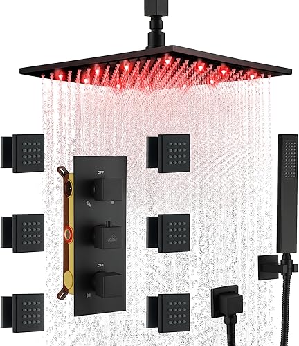 CASAINC Sistema de ducha termostático LED de 12 pulgadas, juego de grifo de ducha montado en el techo, cabezal de ducha con rociador de mano y 6