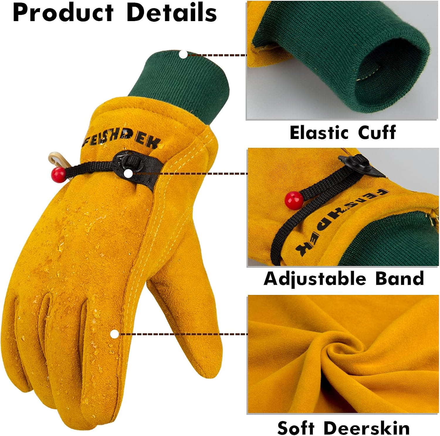 Kids Winter Waterproof Gloves, Deerskin Suede Leather, Insulated Windproof Cold Weather Children Winter Work Gloves Age 5-7, Girls Boys Snow Ski Gloves for Keep Warm