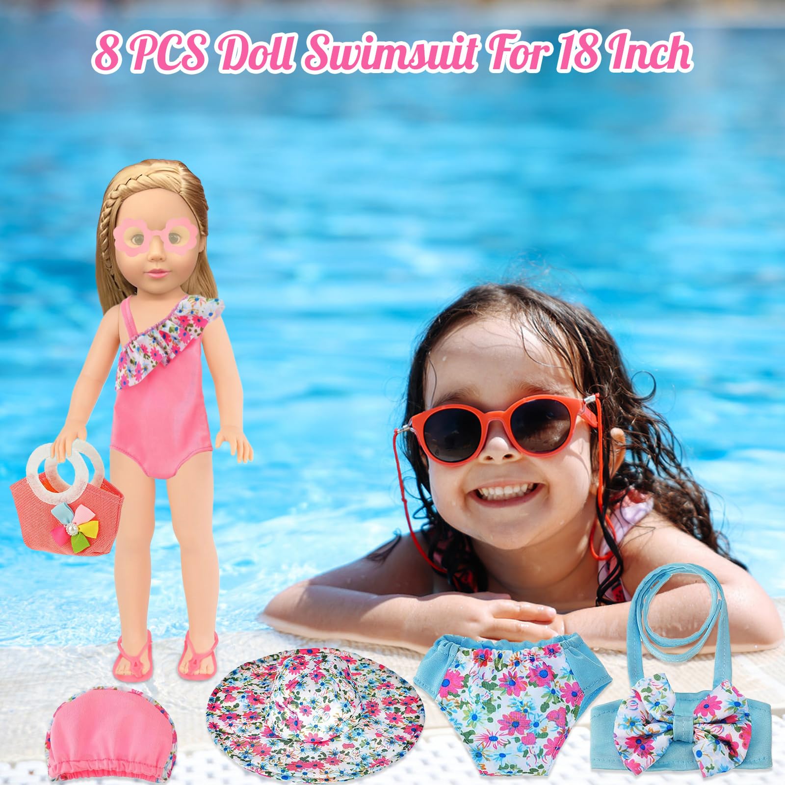 Set di Nuoto per Bambole 8 Pezzi, Estate Costume da Bagno per Bambole,Vestiti Bambole Reborn,Vestiti per Bambole per New Baby Born Bambola,Accessori per Bambole Reborn 35-43CM, Regalo per Ragazze