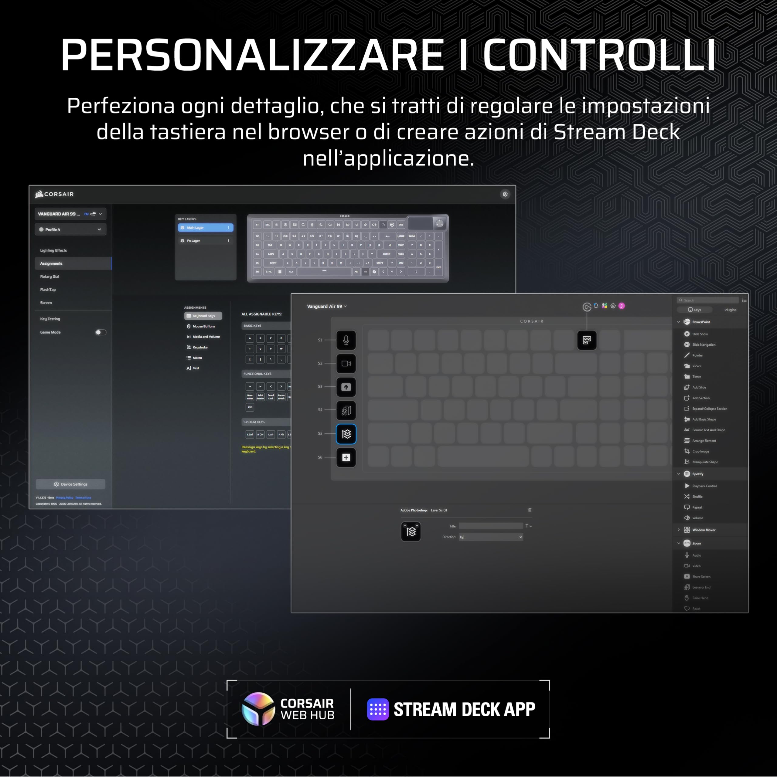Corsair VANGUARD AIR 99 WIRELESS Tastiera Da Gioco a Basso Profilo – Bianco | Ottico-Meccanica RGB, QWERTY IT, Layout al 99%, Interruttori OPX, Polling 8000 Hz, Integrazione Stream Deck, Flashtap SOCD