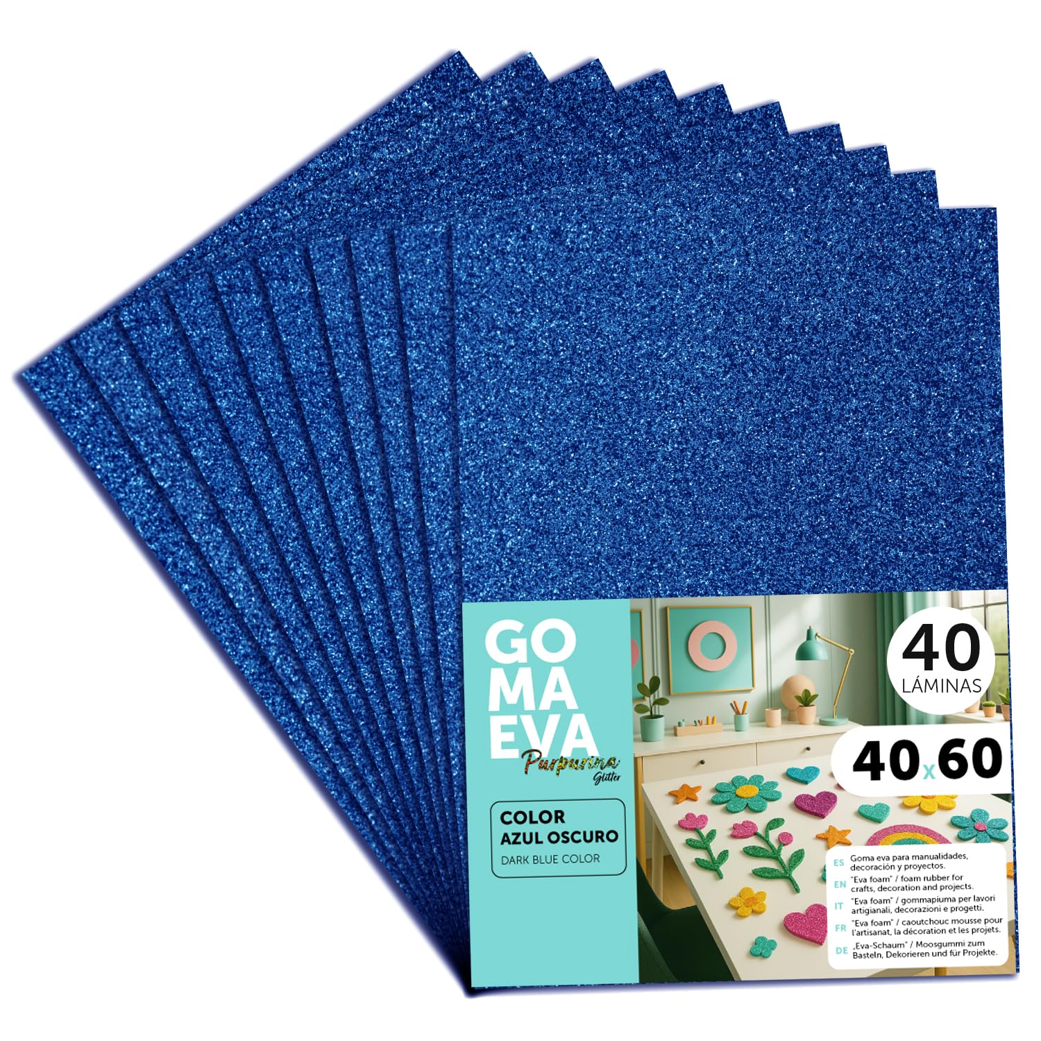 m-office Fogli di Gomma Eva Colorata Glitterata, Gomma Crepla per Scrapbooking, Scuola, Cartoncini Creativi, Lavoretti, Torte Scenografiche, Scuola o Progetti Artistici 40x60cm (Blu scuro, 40uds)