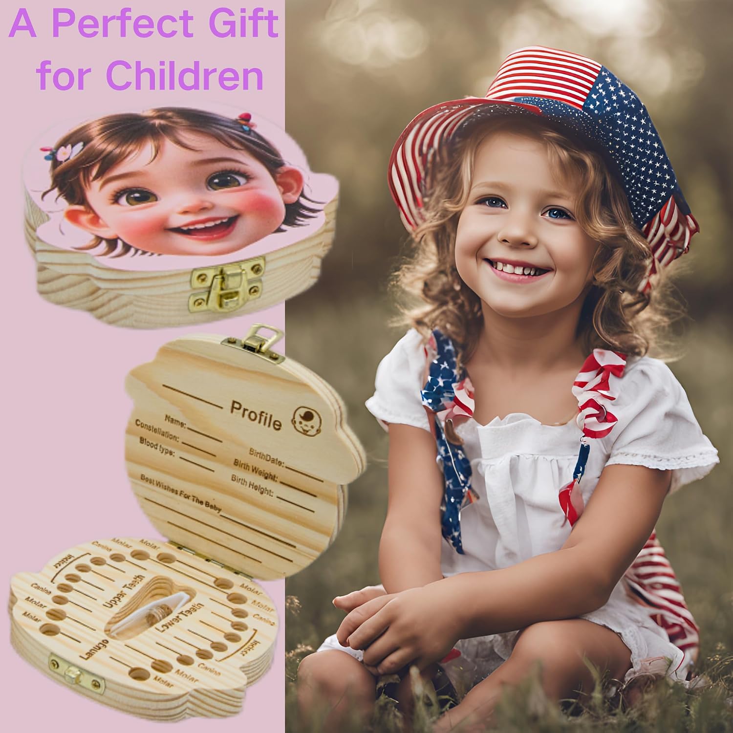CHWF HAOLIMAI Baby Tooth Fairy Keepsake Box - Personalized Wooden First Teeth Holder, Kids Lost Tooth Storage and Saver with Lanugo Bottle, Baby Shower & Birthday Gift for Girls