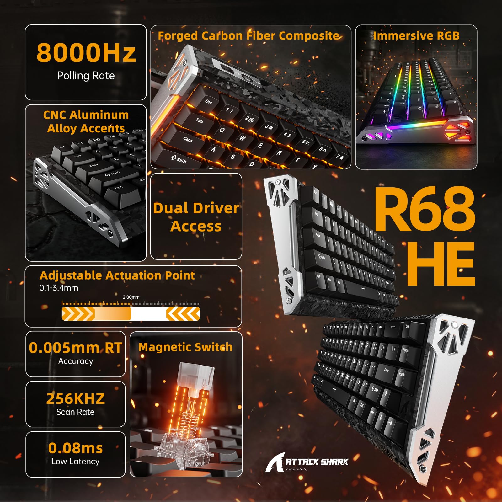 ATTACK SHARK R68 HE&R11 Ultra Carbon Fiber Gaming Keyboard and Mouse Combo,8KHz Rapid Trigger Wired Keyboard,0.005mm RT Accuracy,Immersive RGB+49g 8000HZ Wireless Mouse PAW3950MAX,42K DPI,Coiled Cable - 3