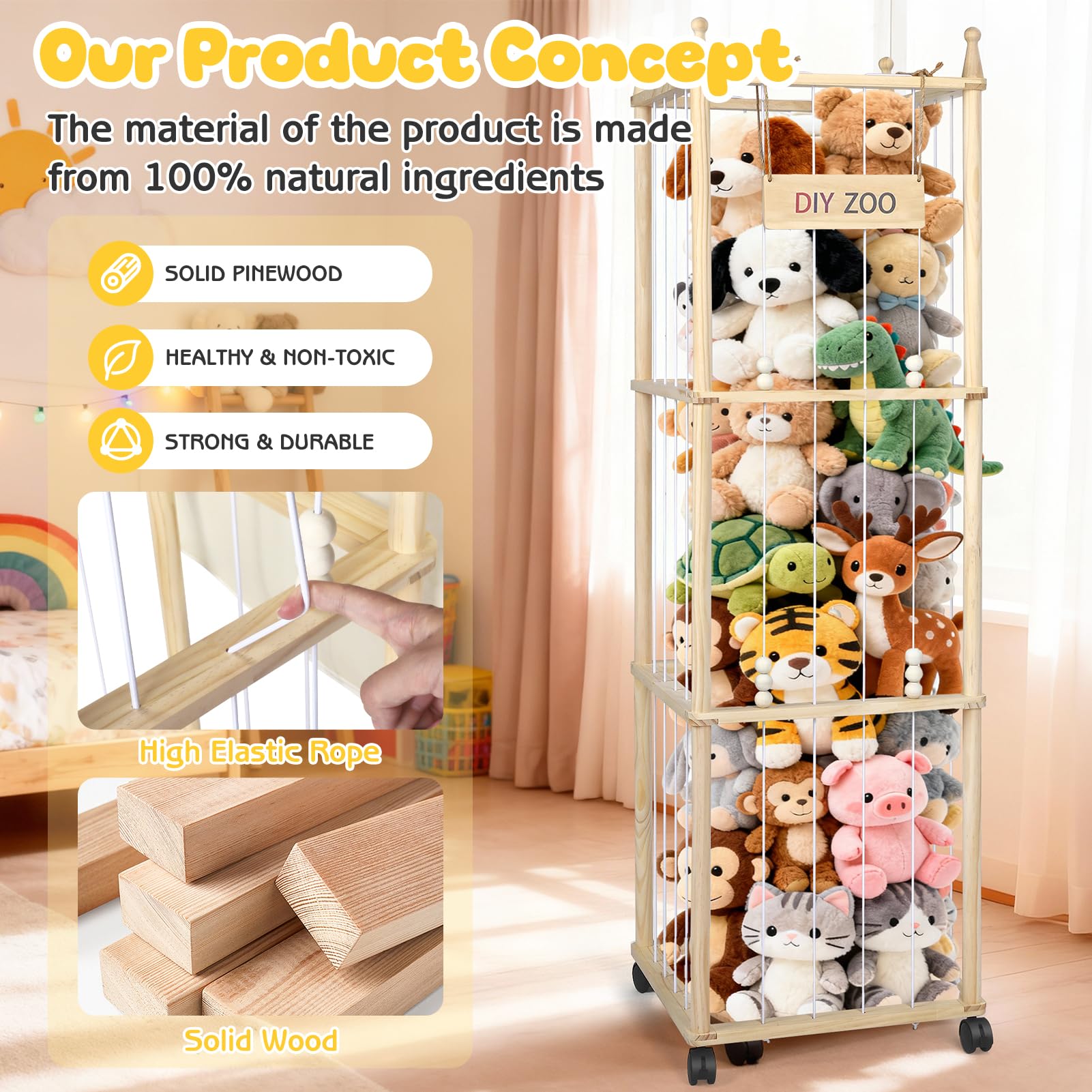 Mobiletto Portaoggetti per Animali di Peluche, 138x40x40CM in Legno Massello, Girevole a 360° e Bloccabile per Soggiorno, Camera da Letto e Cameretta dei Bambini (con Tasche Portaoggetti)