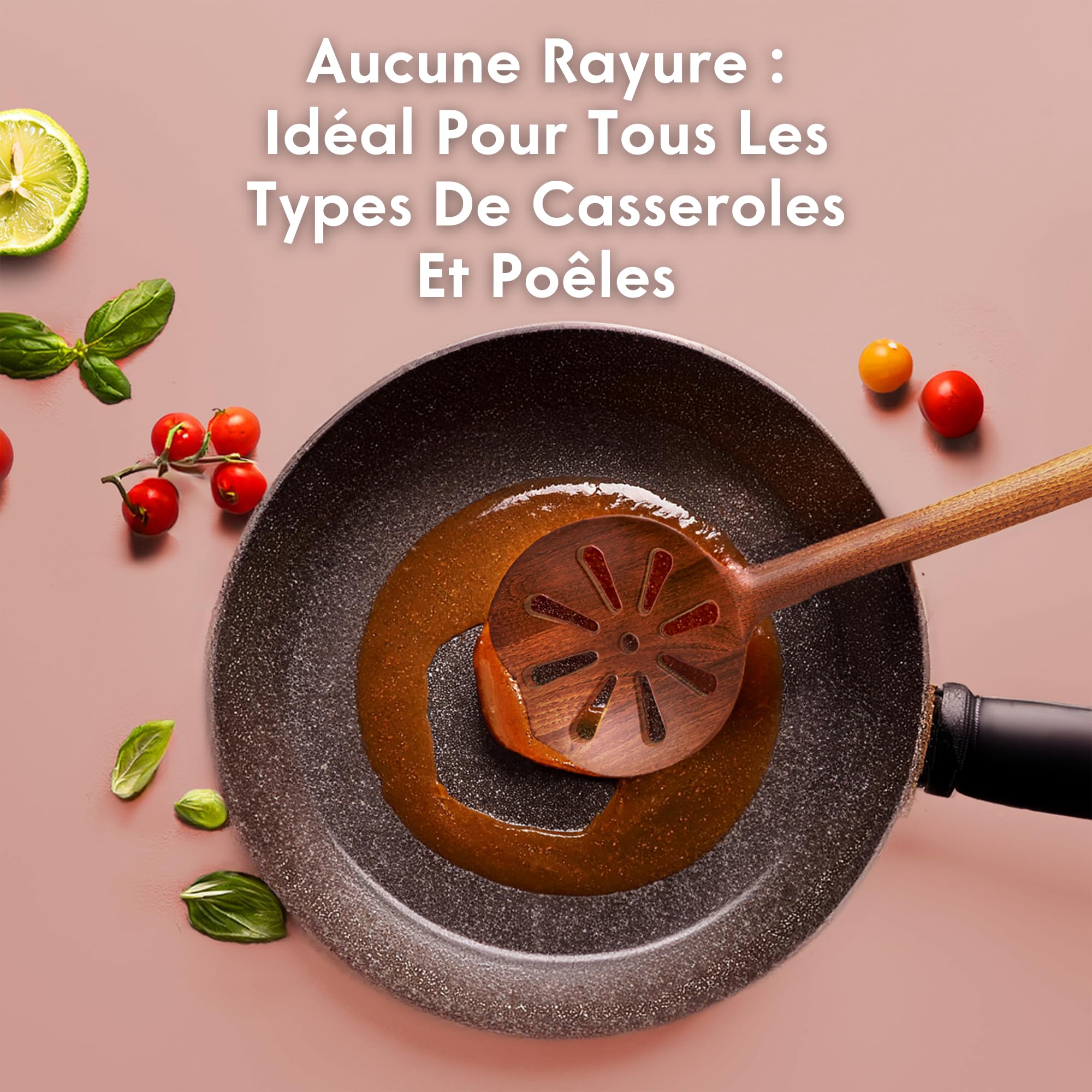 Lot de 6 ustensiles de cuisine en bois monobloc – Sans colle et cuillères en bois monobloc pour la cuisine, finition végétale, non toxiques et naturels