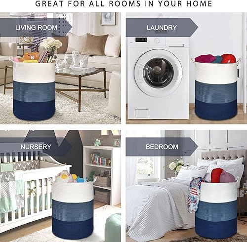 Miniatura 10 de COMSE Cesta de manta extra grande, cesta de almacenamiento tejida alta, canasta de guardería, 15.7 x 21.7 pulgadas, cesta de cuerda de algodón para