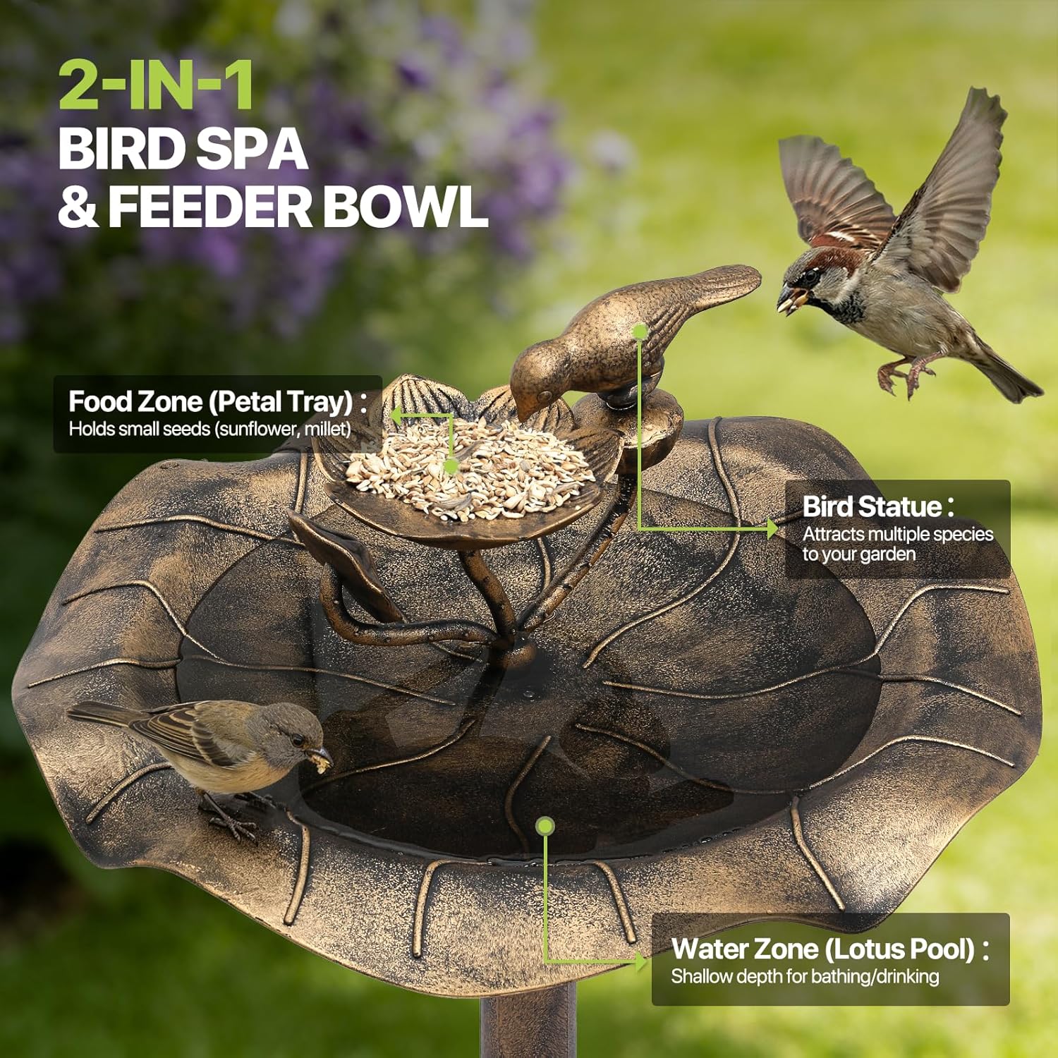 Magshion 35" Outdoor Bird Bath and Feeder for Outside, Pedestal Birdbath with Vintage Lotus Design, Durable Polypropylene Construction, Stunning Garden Accent for Lawn, Backyard & Patio, Bronze