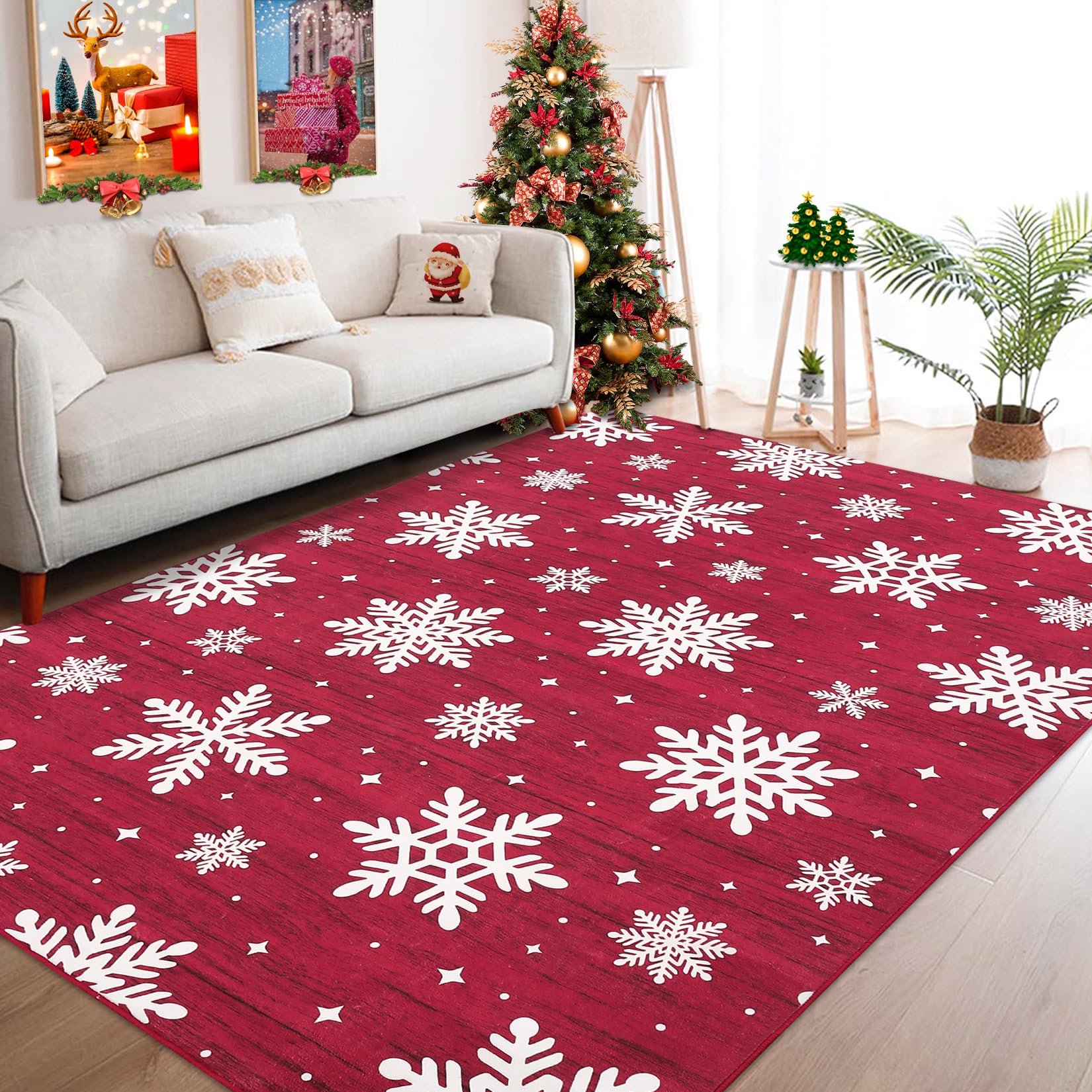 Garvee Tappeto Lavabile Natalizio per Soggiorno, Antiscivolo con Motivo Fiocco di Neve, Decorativo Pieghevole per Cucina e Camera da Letto