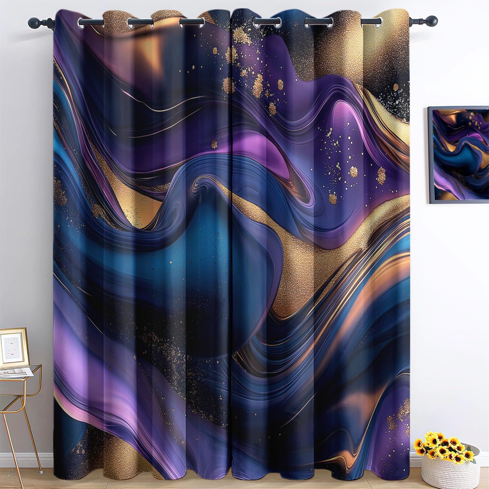 Cortinas Salon Modernas Púrpura Piezas Opacas Lujo de Alta Gama Remolinos Dorados 100An x 160Al cm (2 Paneles) Cortinas Dormitorio Habitacion Infantil Juvenil Termicas Aislantes Frio Y Calor