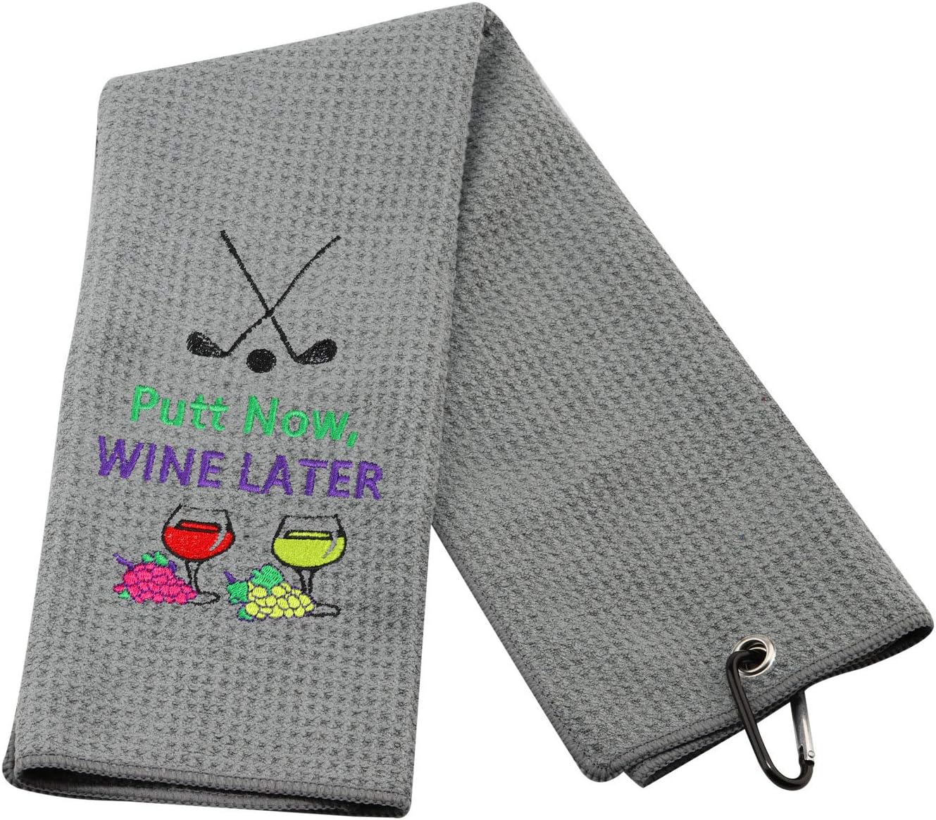 PXTIDY Putt Now Wine Later Golf Towel Golf Golfer Gift Embroidered Golf Towel with Clip Gifts for Women Men Golf and Wine Lover (Grey)