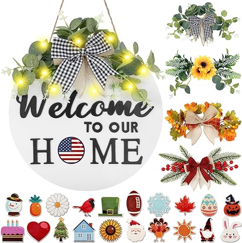 Letrero de bienvenida intercambiable para puerta delantera, coronas de Navidad para puerta delantera con 4 coronas de temporada y 21 iconos