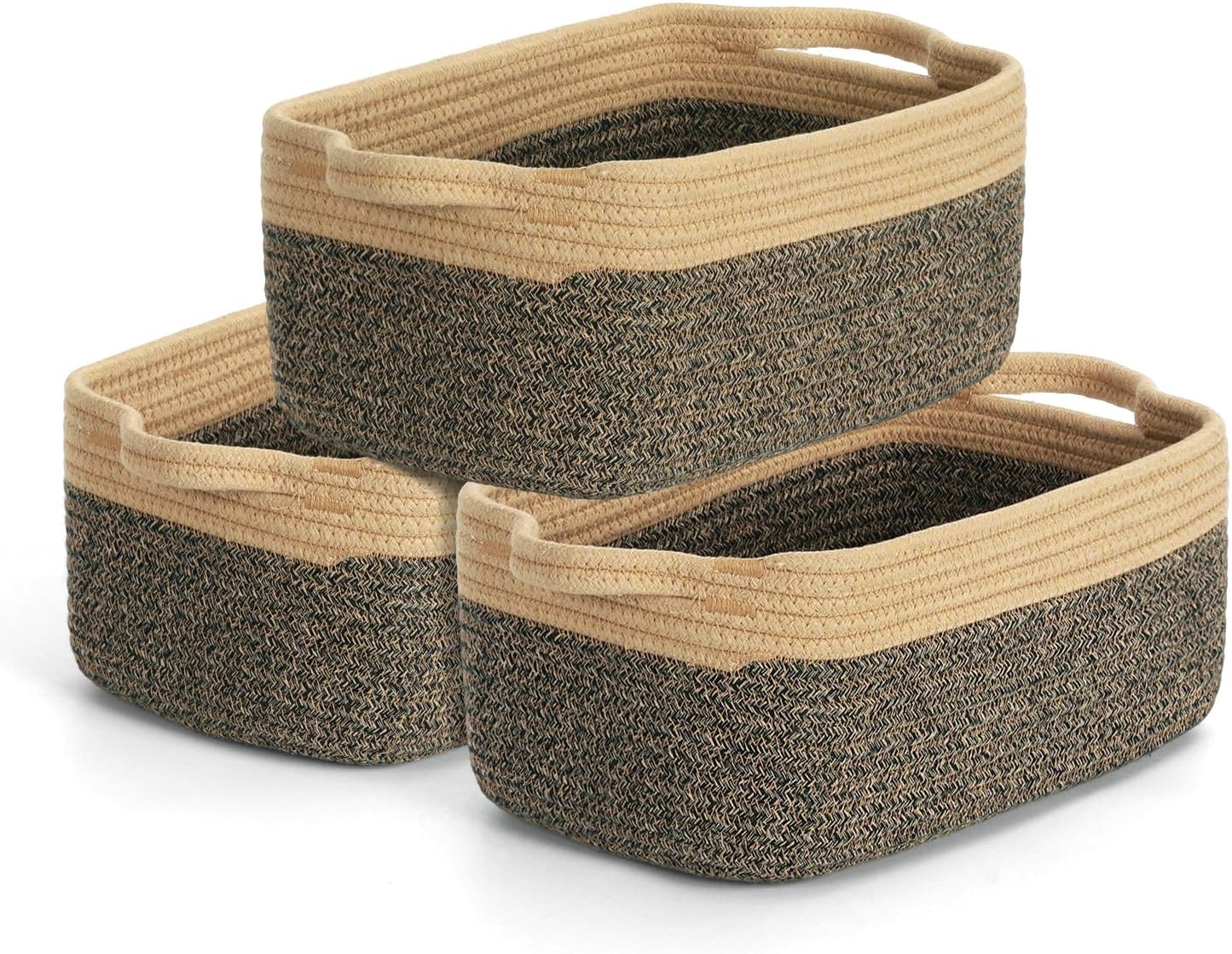 Woven Baskets for Organizing, Cotton Rope Storage Baskets for Shelves, Empty Gift Basket, Blanket Basket Living Room, 3 Pack, Dark Brown, 13″ x 8.5″x 5.5″