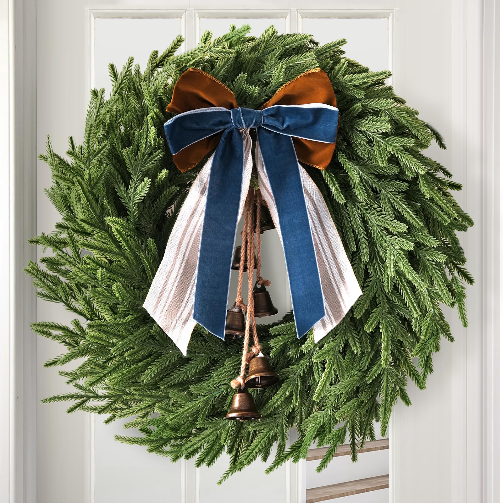 Christmas Decor, 22" Norfolk Pine Christmas Wreath with Bells and Ribbon