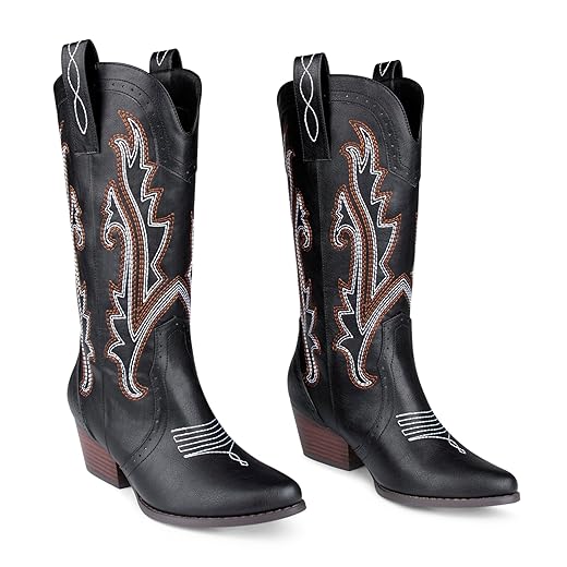 Zzheels Women Mid-calf Cowboy Boots Pointy Toe Boot Embroidered Western Cowgirl Boots Chunky Heels