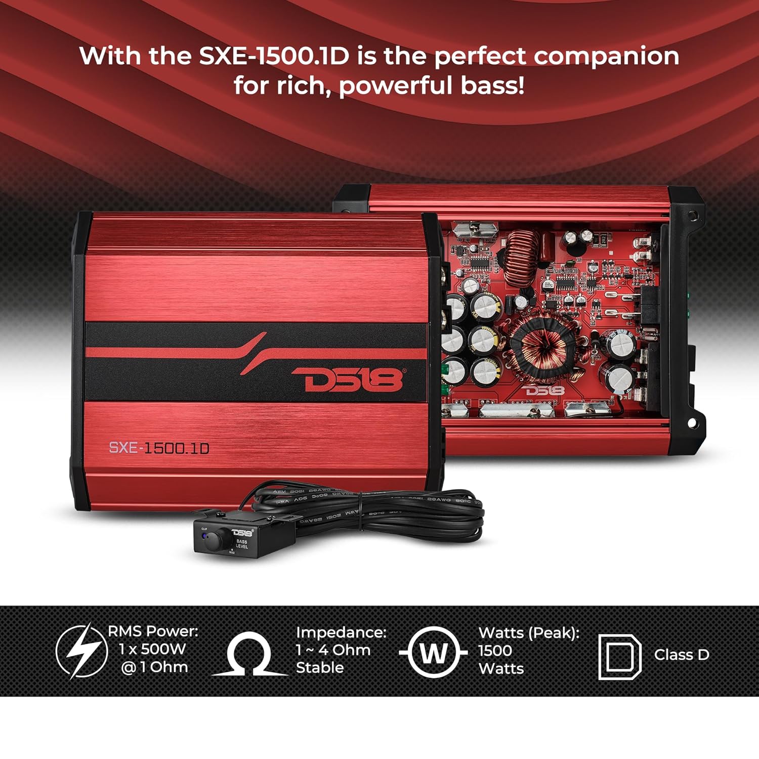 DS18 SXE-1500.1D SXE Class D Monoblock Car Amplifier 1 x 500 Watts RMS @ 1 Ohm 1500 Watts - Compact Amplifier with Remote Subwoofer Level Control (Black)