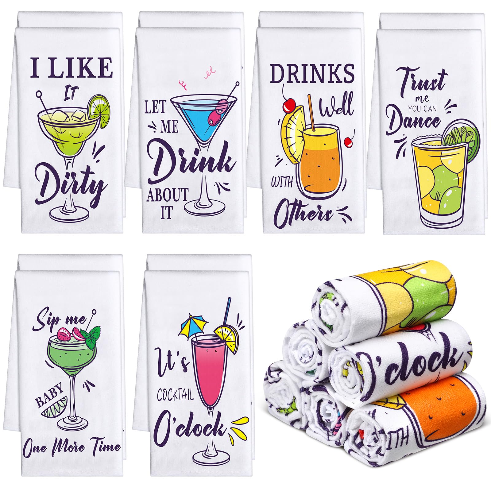 Macarrie 12 paños de cocina divertidos para secar platos, paños de cocina absorbentes para cocina, bar, regalo para amantes de los cócteles, decoración de bar, Navidad, fiesta de cumpleaños