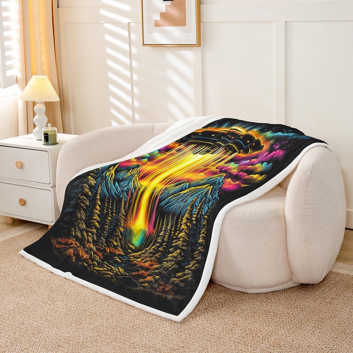 Spacecraft Fleece Blanket,Watercolor Rainbow Cloud Sky Fuzzy Blanket for Children Present,Nature Pine Trees Mountain Lightweight Polyester Sherpa Blanket for Sofa, Queen (90 x 90 Inch)
