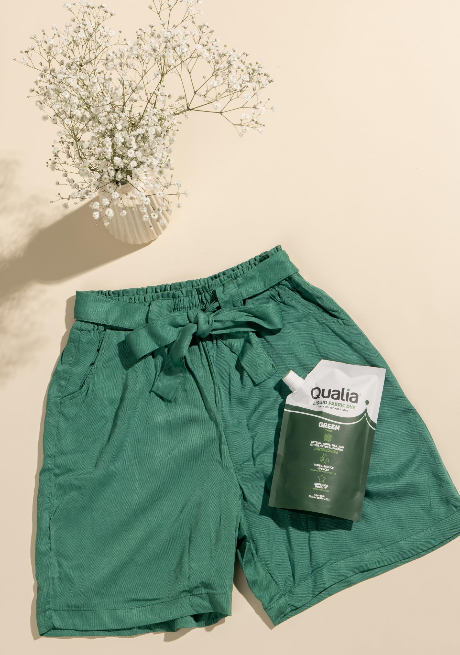 Qualia Tinte líquido multiusos para tela, tinte fácil de usar para algodón, lana, seda, madera y lino, colores ultra concentrados, verde