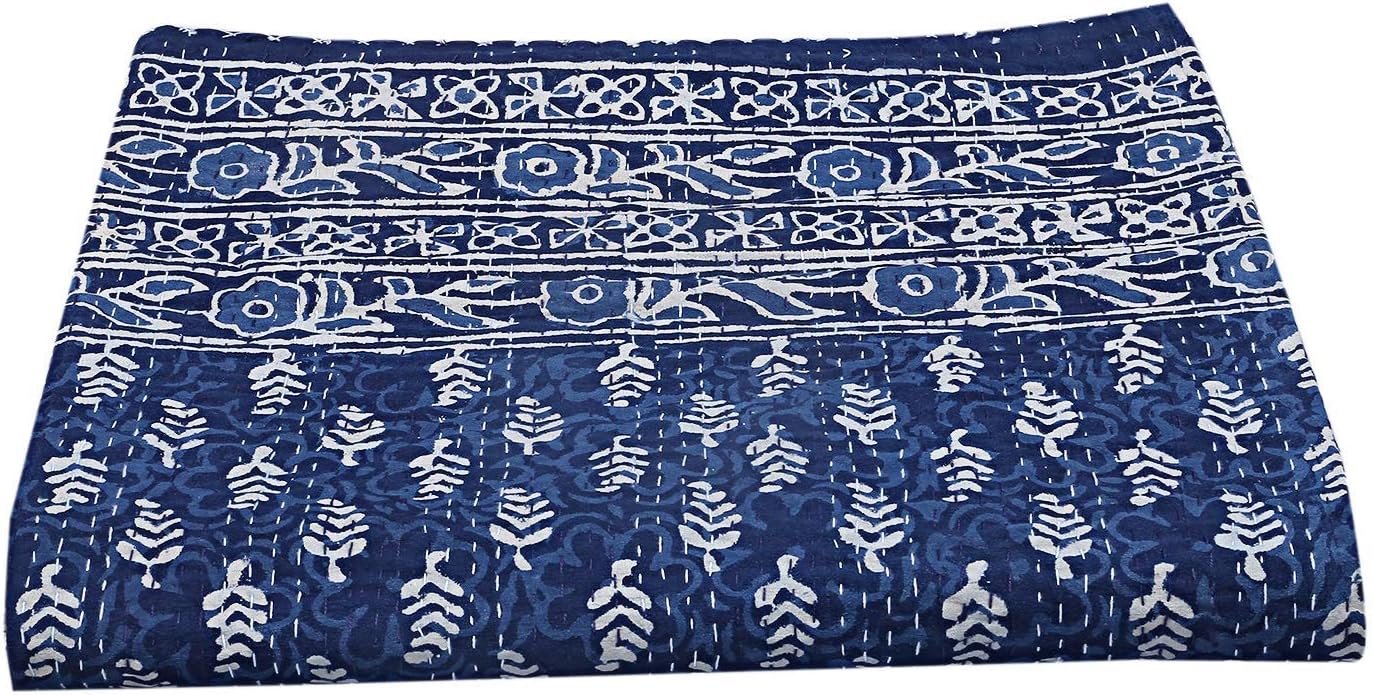Indian Bohemian Indigo Traditional Hand Stitched King Size Pure Kantha Cotton Ethnic Decorative Quilt Kantha Throw Bedspreads Handblock Quilt Handmade