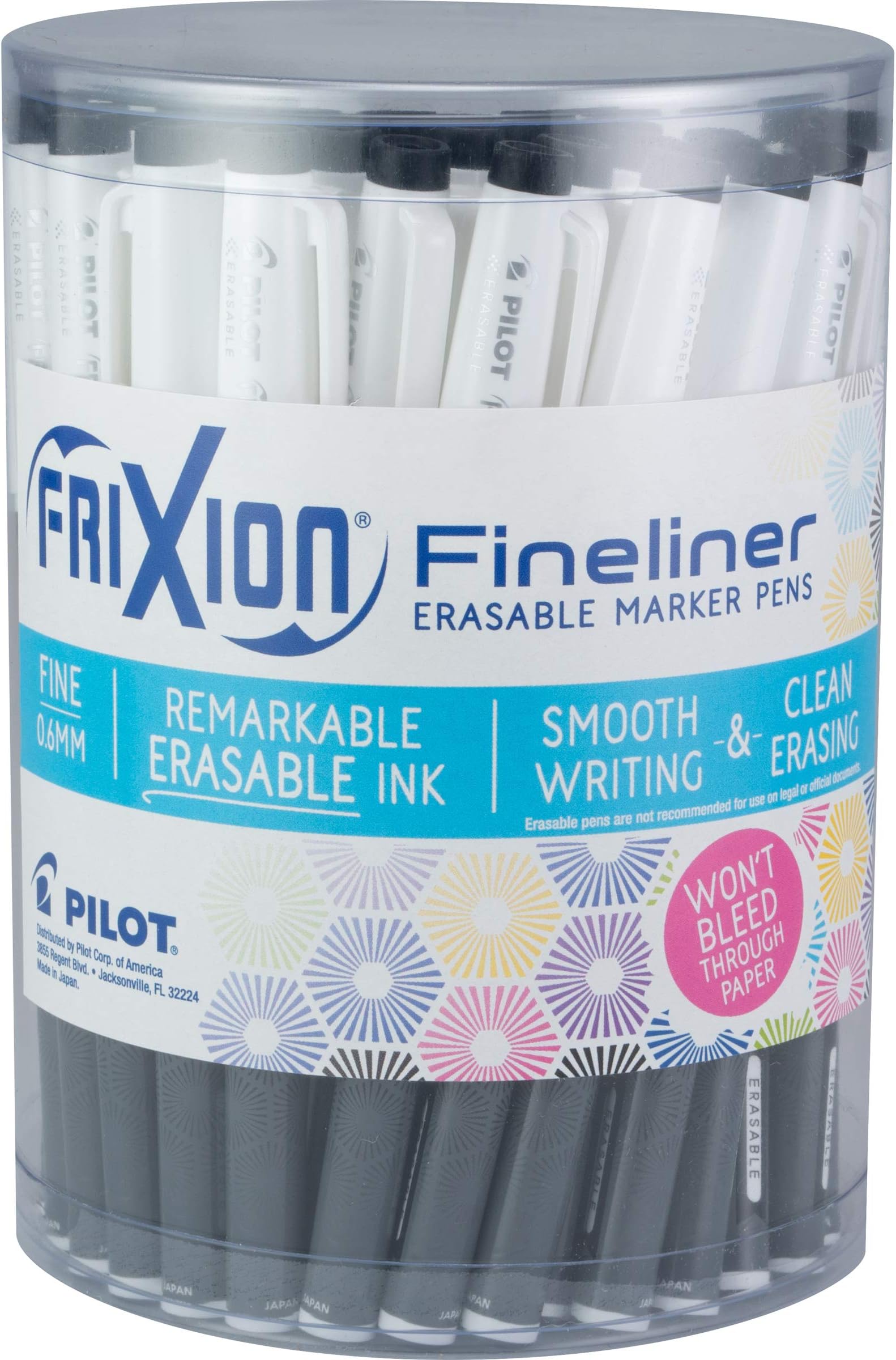 PILOT FriXion Fineliner Erasable Marker Pens, Fine Point, Black Ink, Tub of 36 (8031)