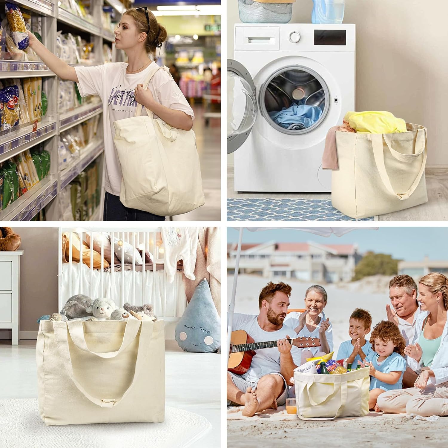 VitaSerena Canvas Grocery Bags with Dual Handles(3 Pack), Large Reusable Shopping Bags for Groceries, Inner Pockets, Washable, Shrink Resistant, Heavy Duty, Foldable - Image 6